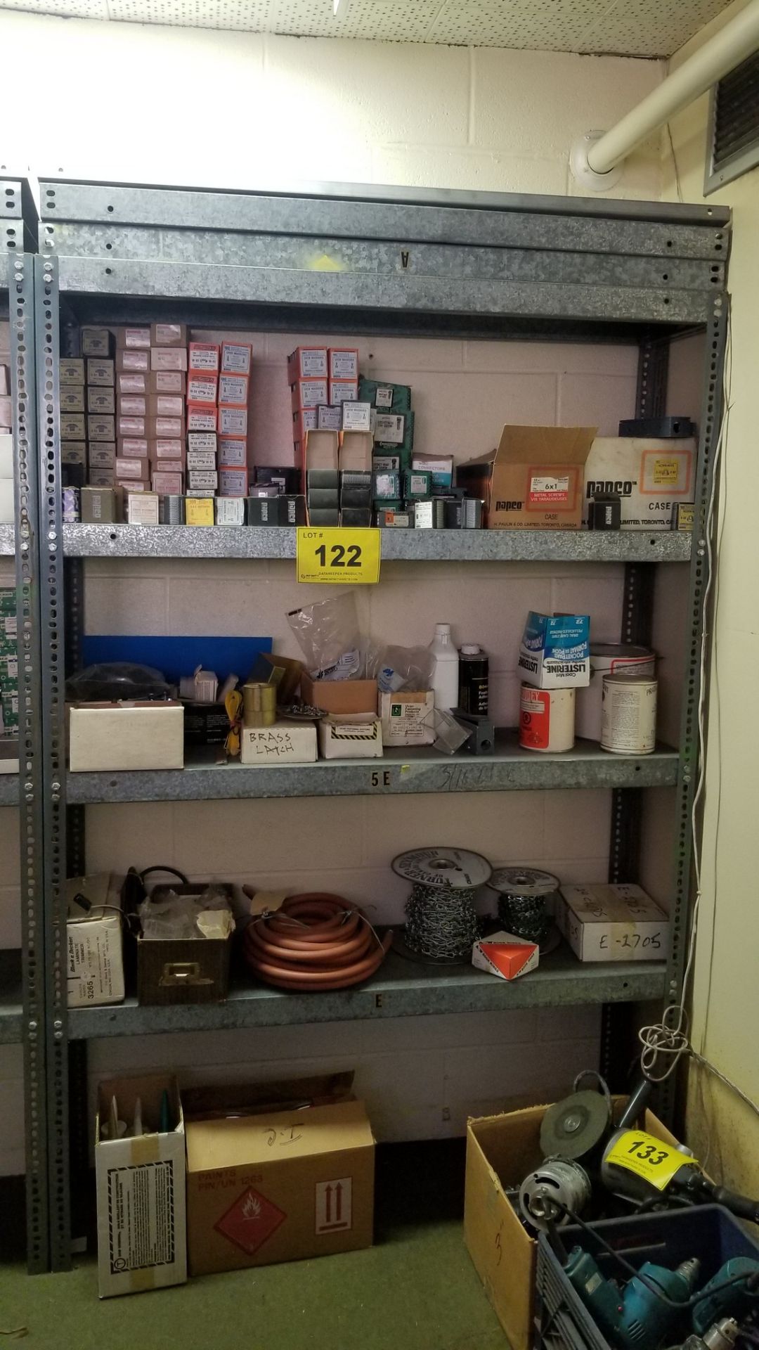 METAL SHELVING UNIT W/CONTENTS INCL. SCREWS, BOLTS, WASHERS, STAIN, HOSE, CHAIN ETC.