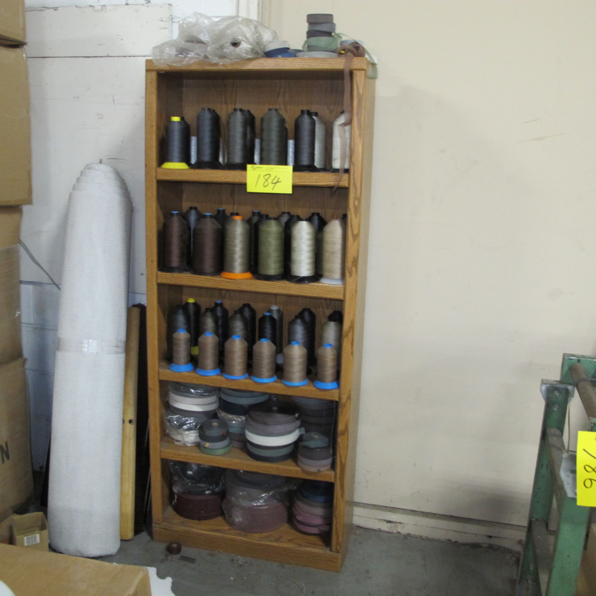 LOT OF (2) SHELVING UNITS W/ SPOOLS OF THREAD, (3) BOXES OF BELTS AND VARIOUS SEWING MACHINE PARTS - Image 4 of 4