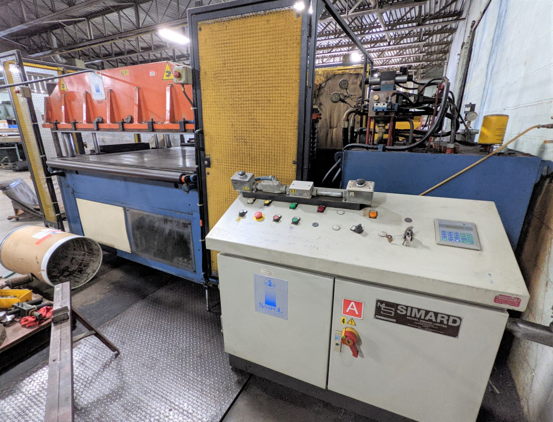 SASPOL HYDRAULIC DIE CUTTING PRESS, APPROX. 100-TON CAP., 6' X 5' BED W/ CONTROL PANEL