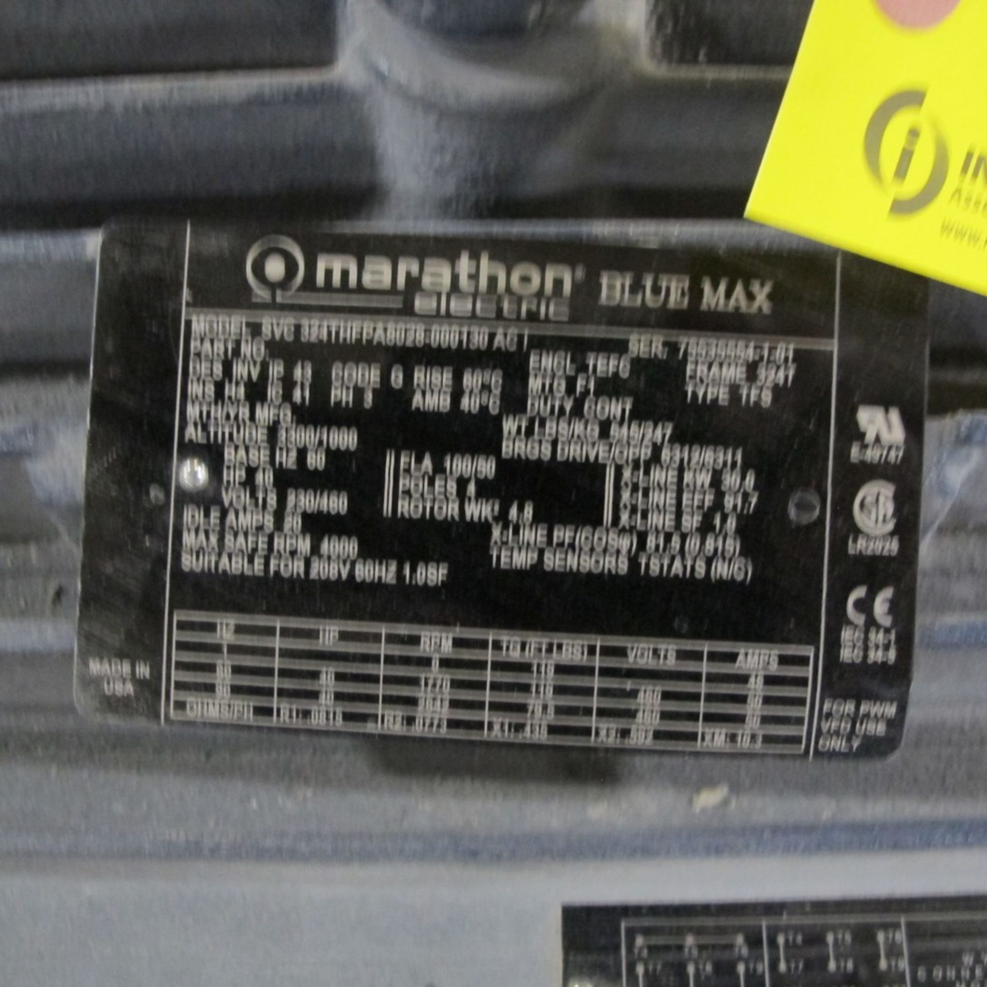 MARATION BLUE MAX MOTOR 40HP, 230/460V, 4,000 RPM, 324T FRAME (WEST CENTER PLANT) - Image 2 of 2