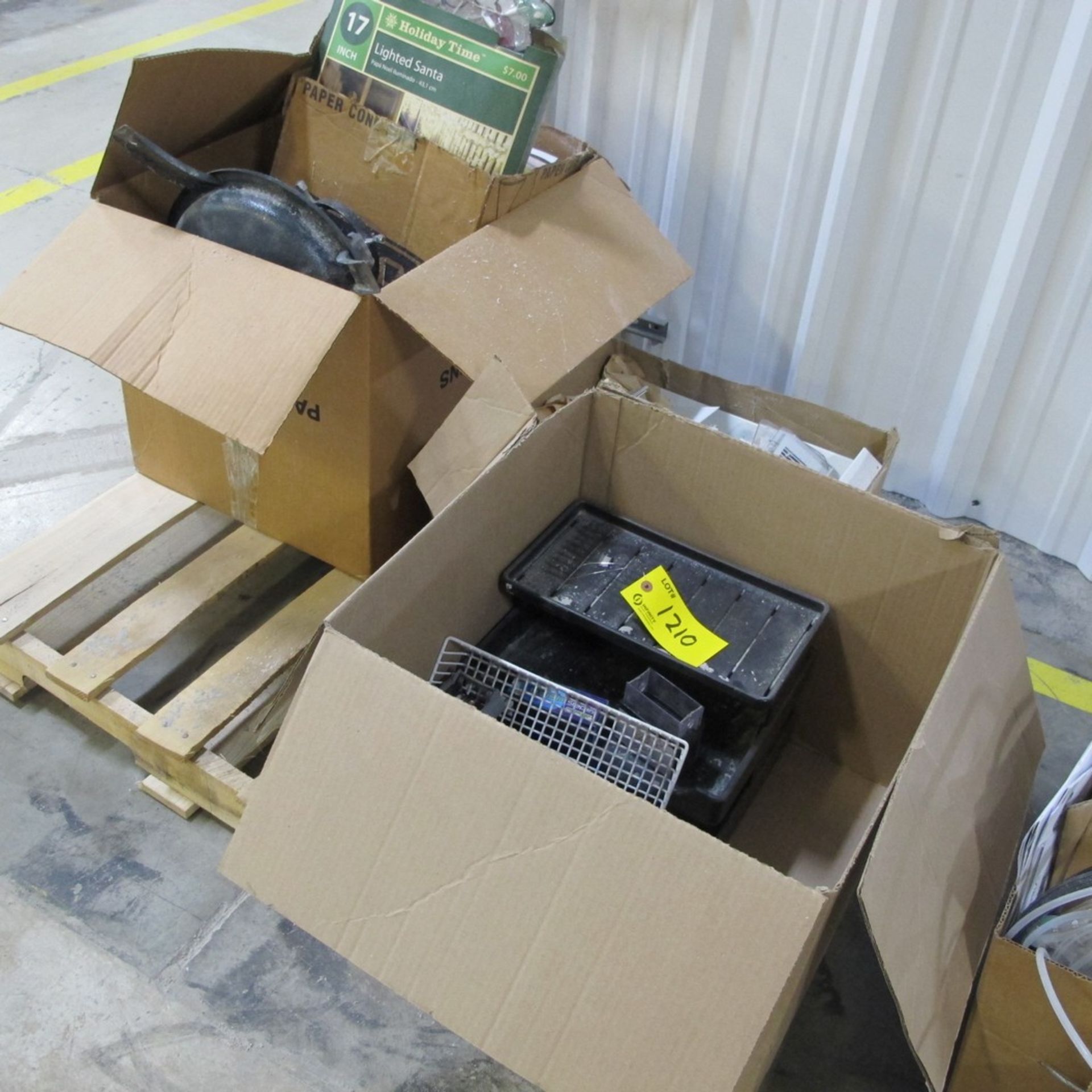 LOT OF (4) PALLETS MIXED CONTENTS, SANDING BELTS, SPOOL OF HOSE, ROLL PLUGS, OFFICE SUPPLIES, WIRE - Image 3 of 4