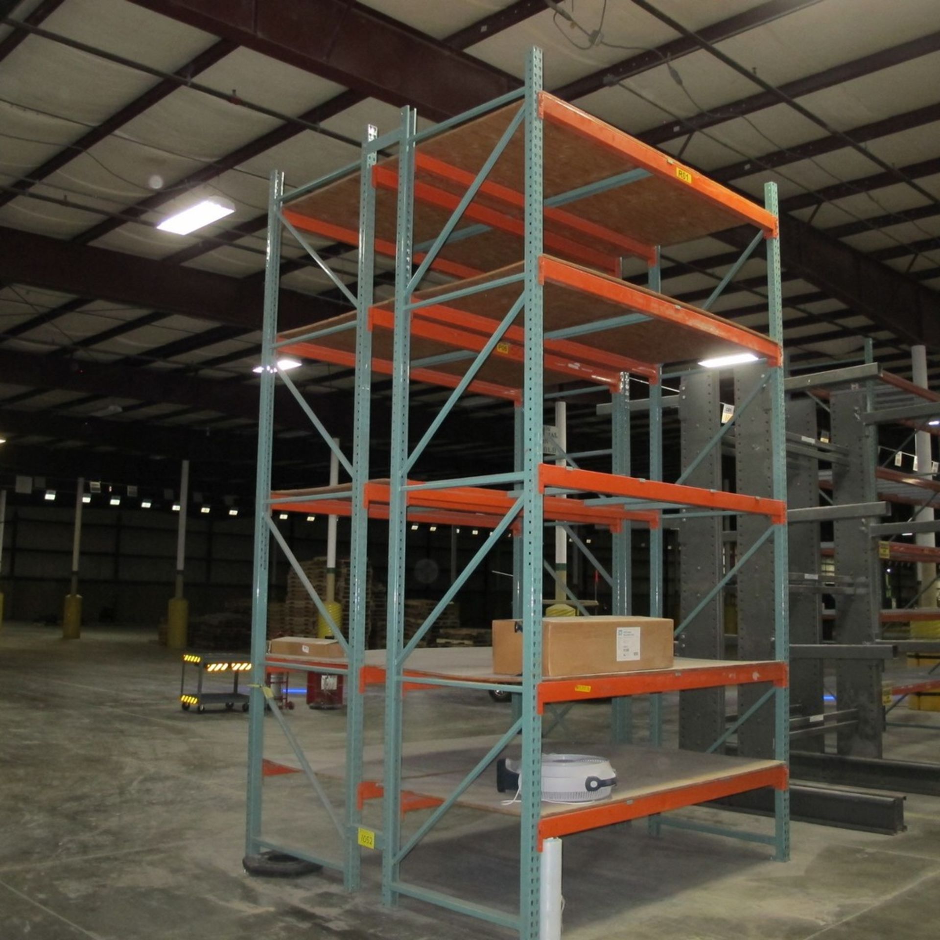 LOT OF (2) SECTIONS PALLET RACKING W/ PLYWOOD DECK INSERTS, (6) LEVELS, APPROX. 42"D X 8'W X 14'H