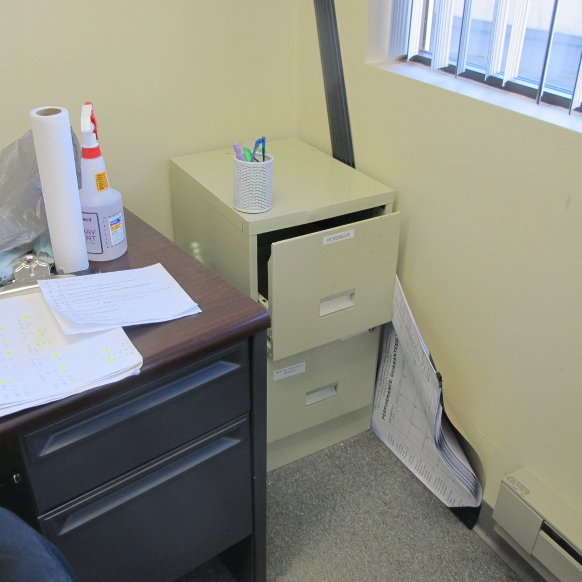 FILE CABINET, DESK, CHAIR, FAN (NO CONTENTS) (UPPER OFFICES) - Image 2 of 3