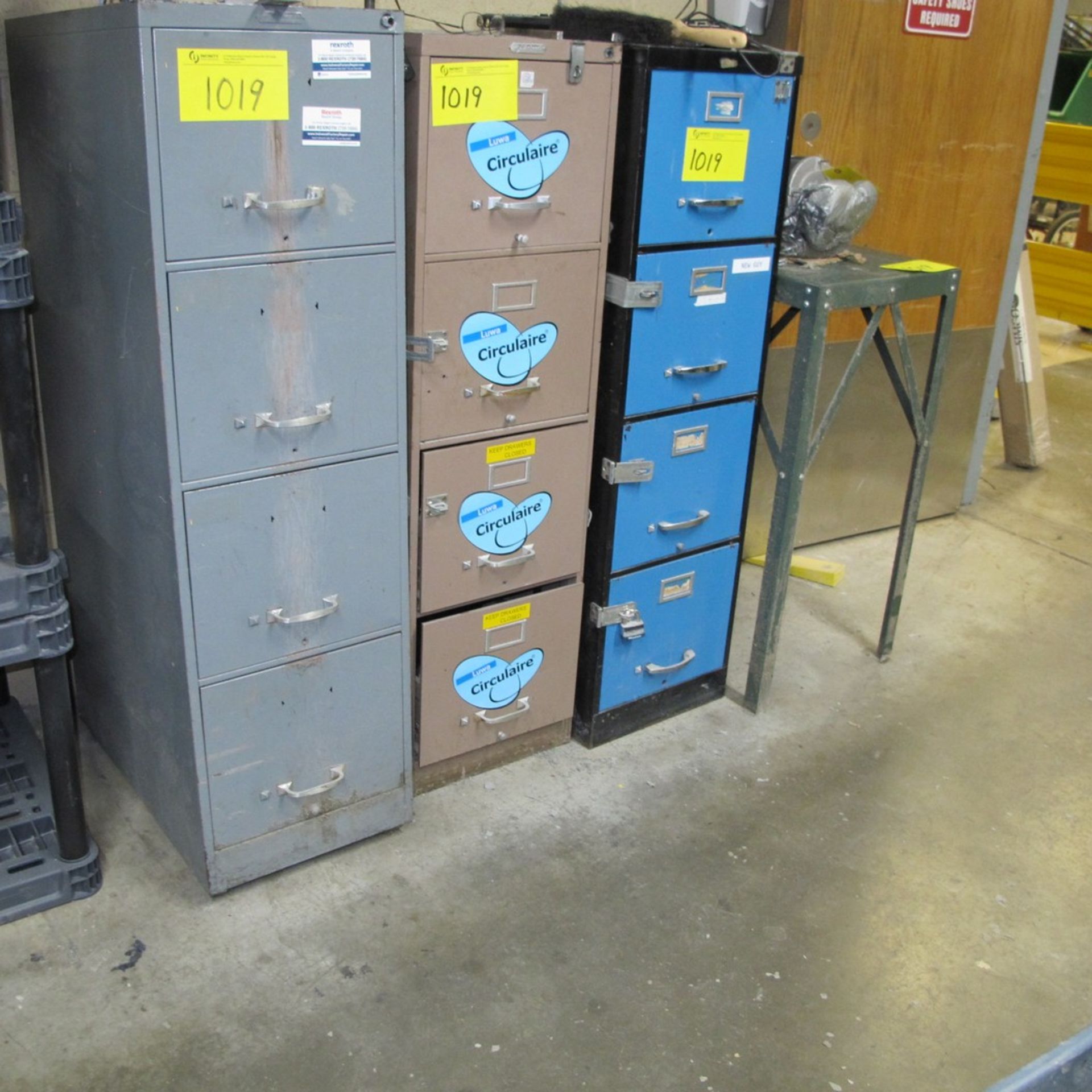 ALL REMAINING FURNITURE IN ELECTRICAL SHOP INCLUDING (4) FILE CABINETS, (2) SHELVING UNITS, (2)