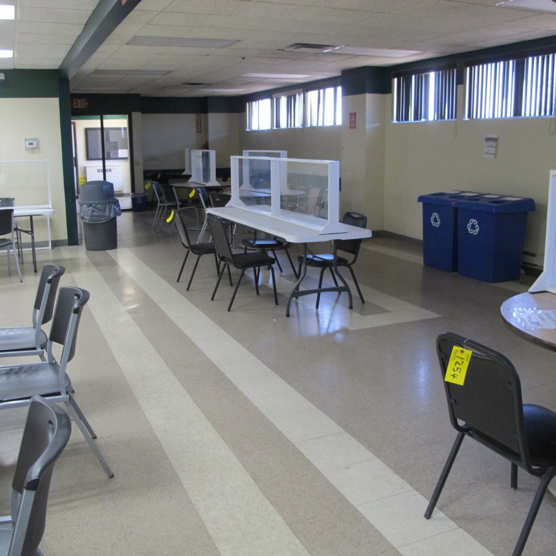 LOT OF (10) CAFETERIA TABLES, (10) PLXIGLASS DIVIDERS AND (30) STACKABLE CHAIRS (MAIN BREAKROOM