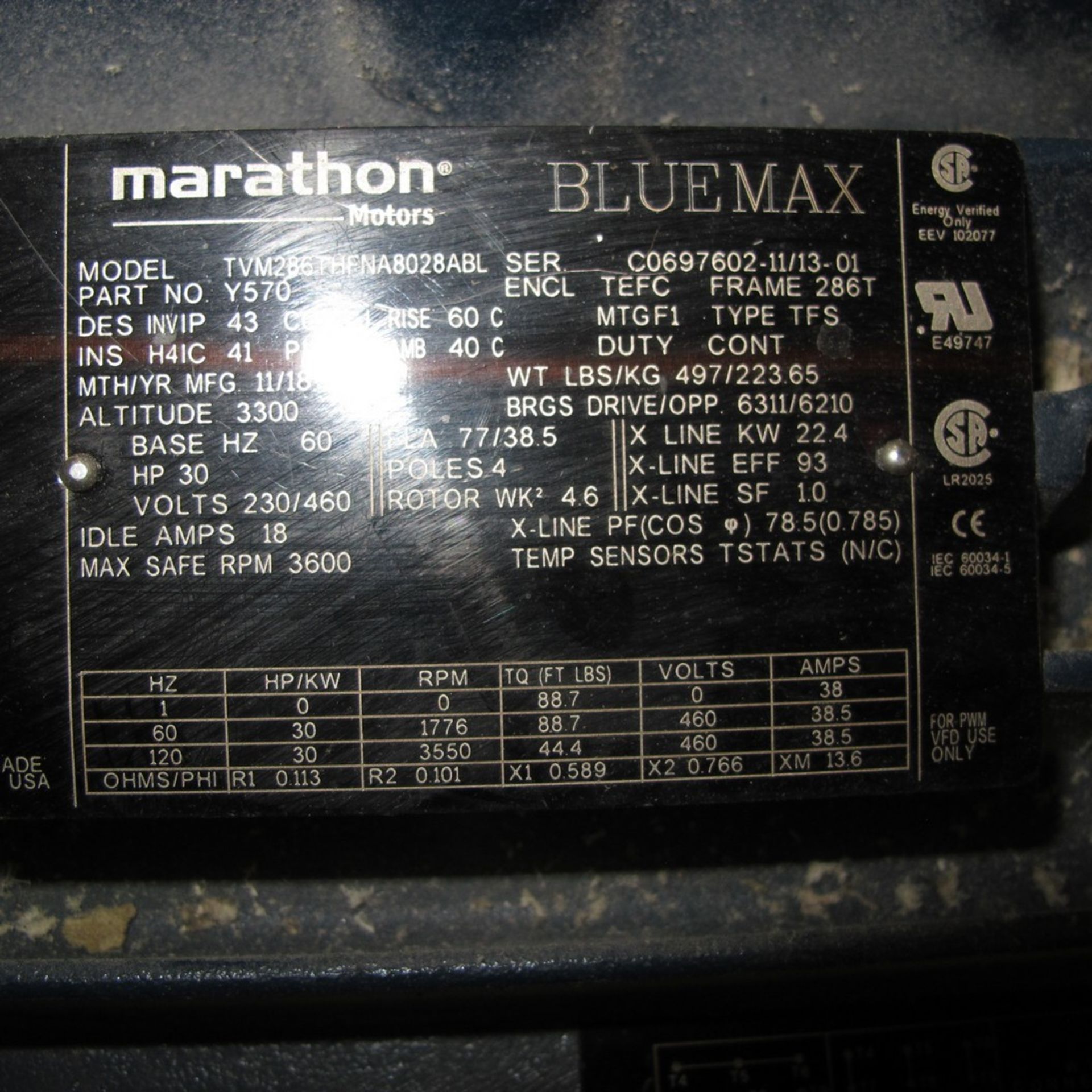 MARATHON BLUE MAX 30HP, 230/460V, 3,600 RPM, 286T FRAME (WEST CENTER PLANT) - Image 2 of 2