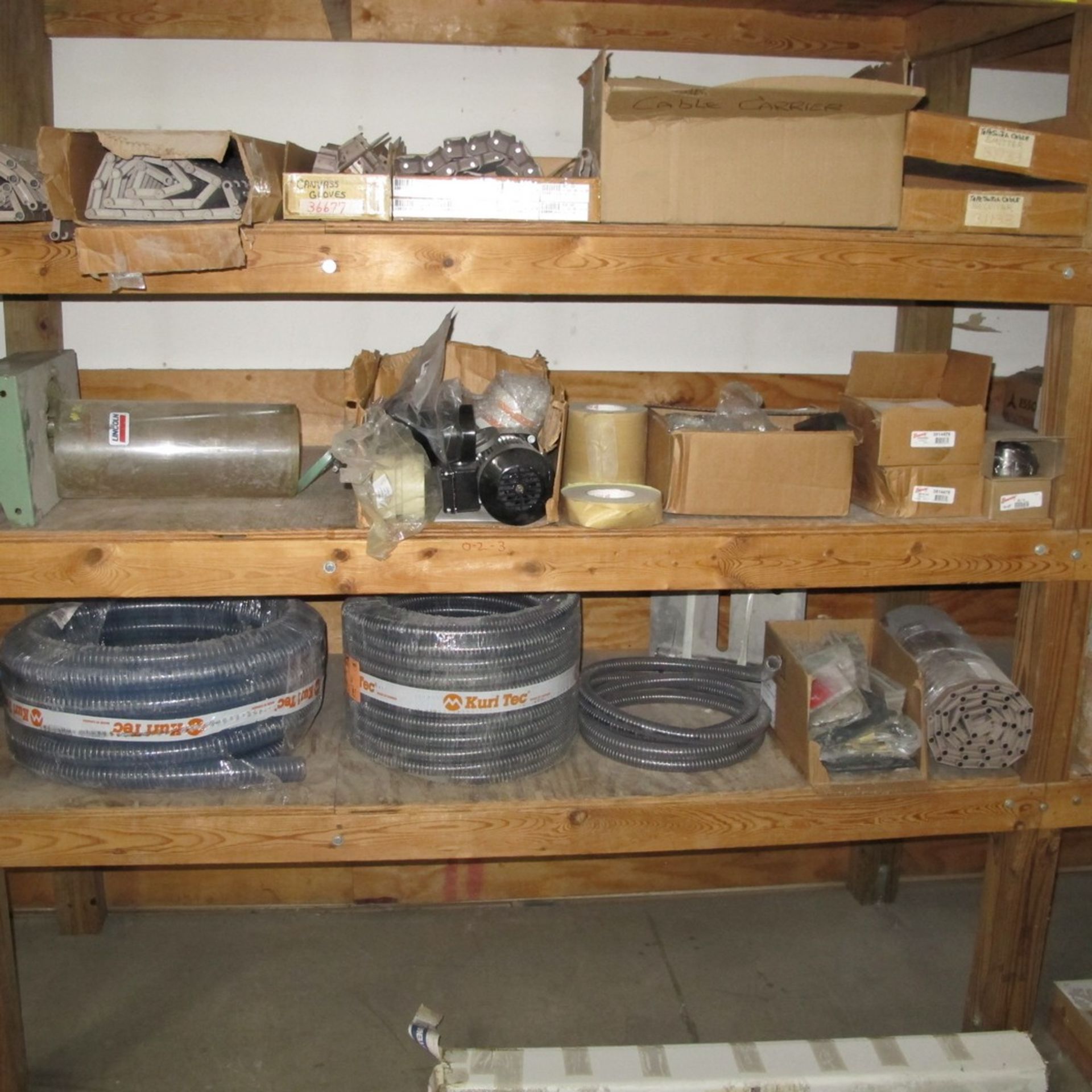 LOT OF (4) SECTION WOODEN RACK, 5-LEVELS TALL W/ ASST. METAL ROLLERS, HOSES, BELTS, CABLES, MOTOR, - Image 3 of 5