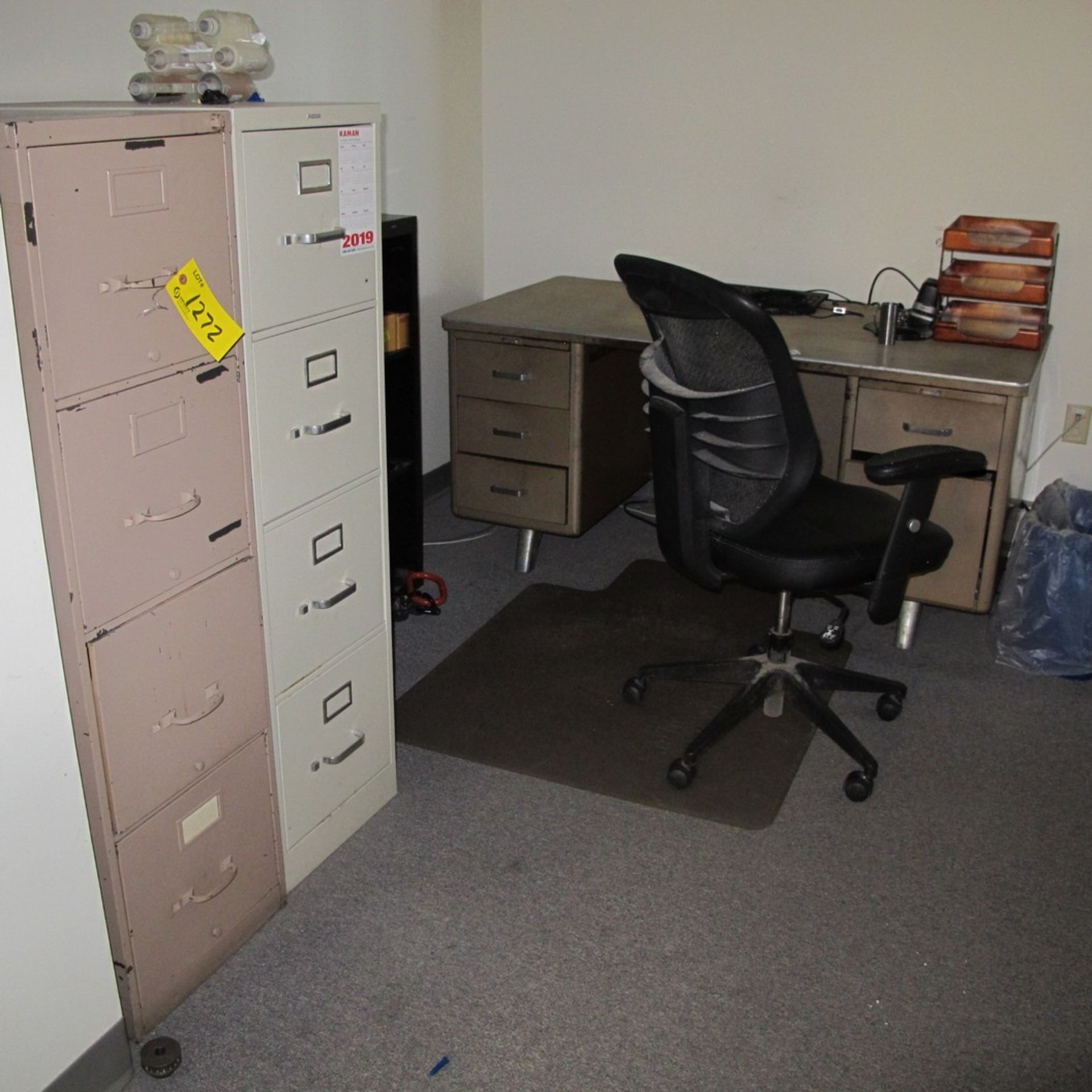 DESK, CHAIR, (2) FILE CABINETS, BAR FRIDGE (NO CONTENTS - FURNITURE ONLY) (UPPER OFFICES)