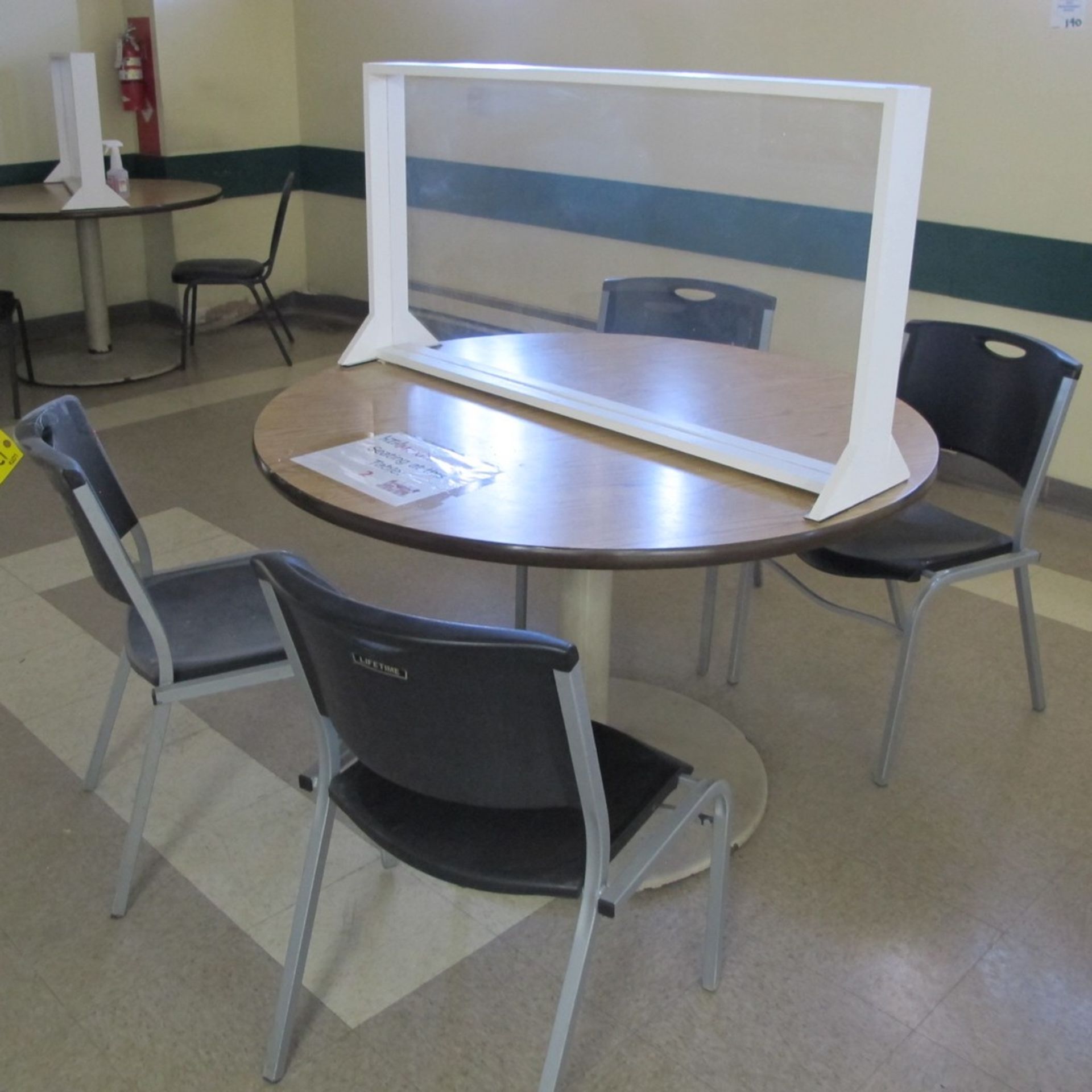 LOT OF (10) CAFETERIA TABLES, (10) PLXIGLASS DIVIDERS AND (30) STACKABLE CHAIRS (MAIN BREAKROOM - Image 7 of 9