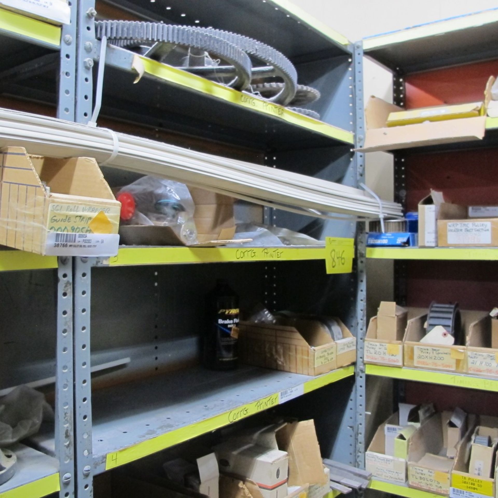 LOT OF ASST. PULLIES, TIMING BELTS, PRINTER PARTS, CLEANER, WRAPPER PARTS W/ (4) SECTIONS OF RACKING - Image 8 of 12