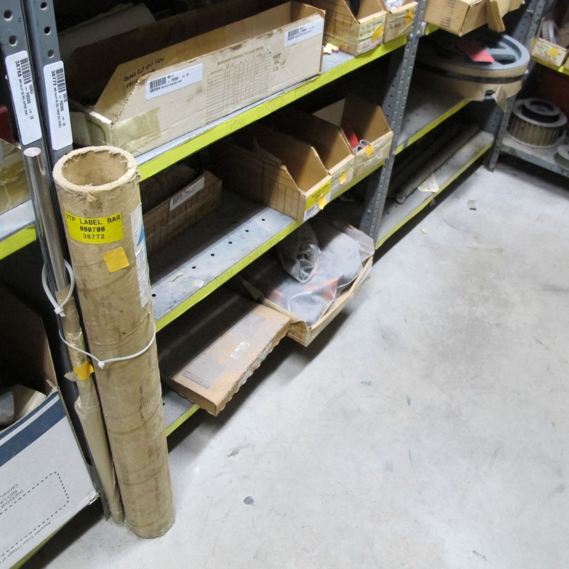 LOT OF ASST. PULLIES, TIMING BELTS, PRINTER PARTS, CLEANER, WRAPPER PARTS W/ (4) SECTIONS OF RACKING - Image 7 of 12
