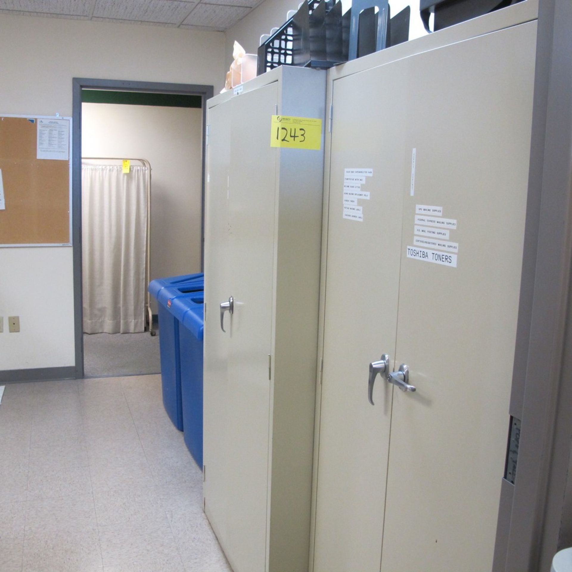 LOT OF FURNITURE IN MAIL ROOM INLCUDING (5) 2-DOOR CABINETS, (2) TABLES, PIGEON HOLE CABINET (NO - Image 2 of 3