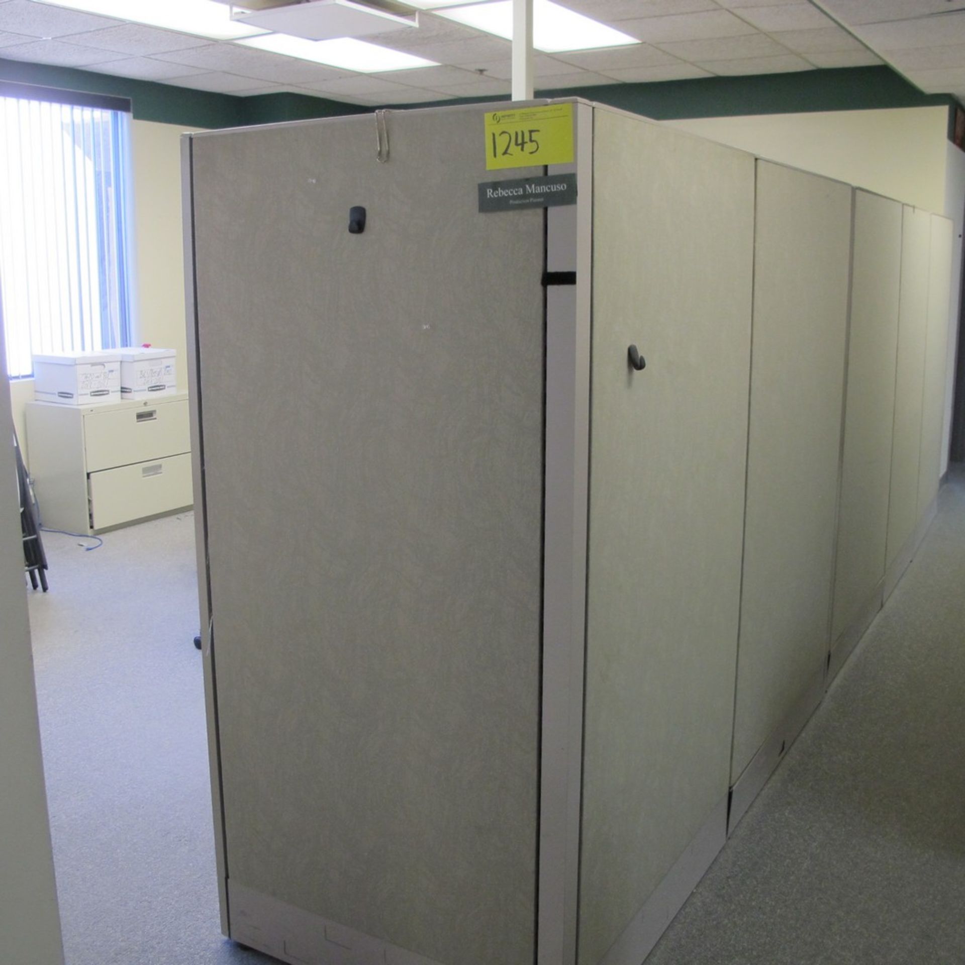 LOT OF 2-PERSON WORKSATION W/ DIVIDERS, UPPER CABINETS, DESKS, (5) FILE CABINETS, TABLE, SMALL DESK,