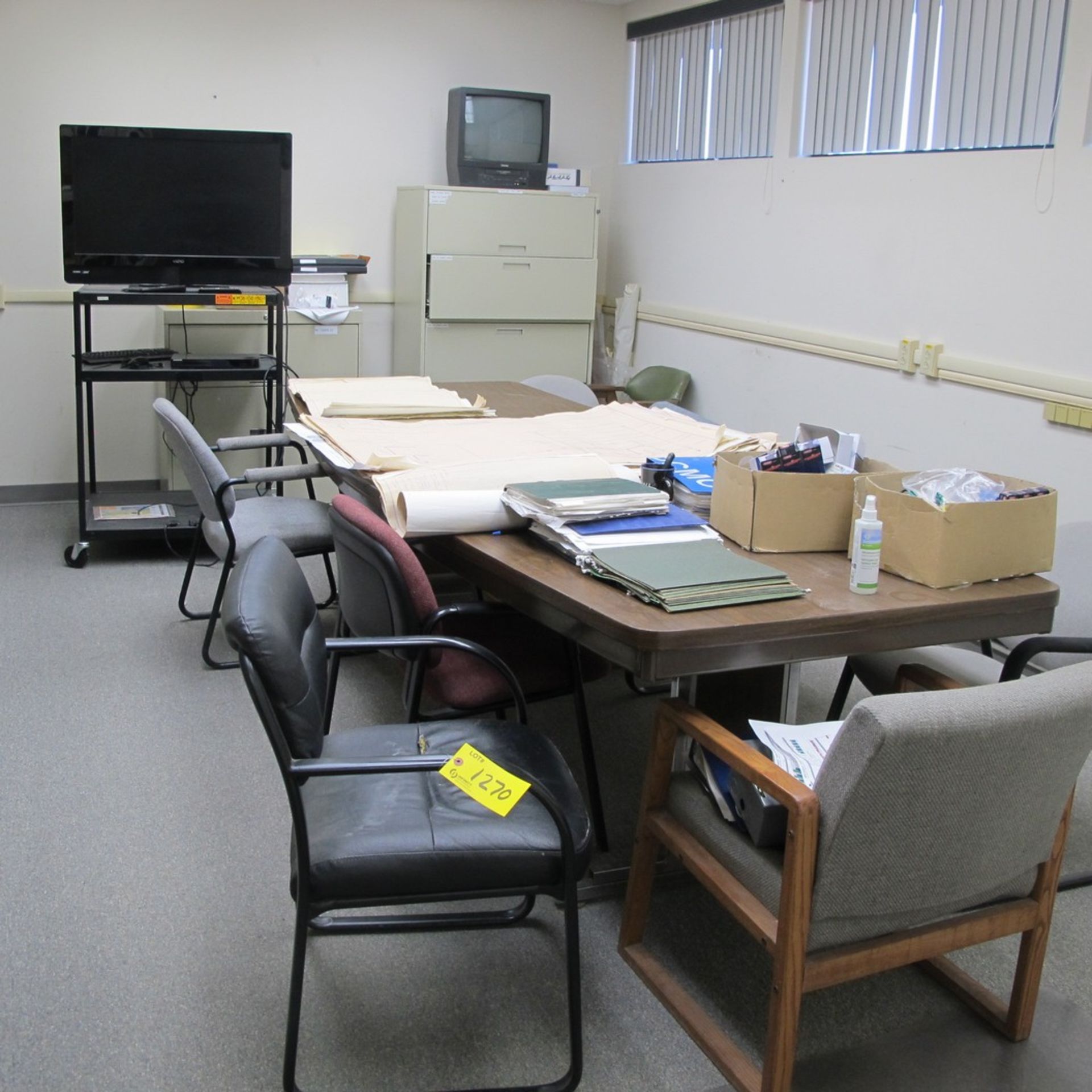 LOT OF CONFERENCE TABLE, (9) CHAIRS, (2) FILE CABINETS, 5-SECTION SHELVING UNIT (FURNITURE ONLY,