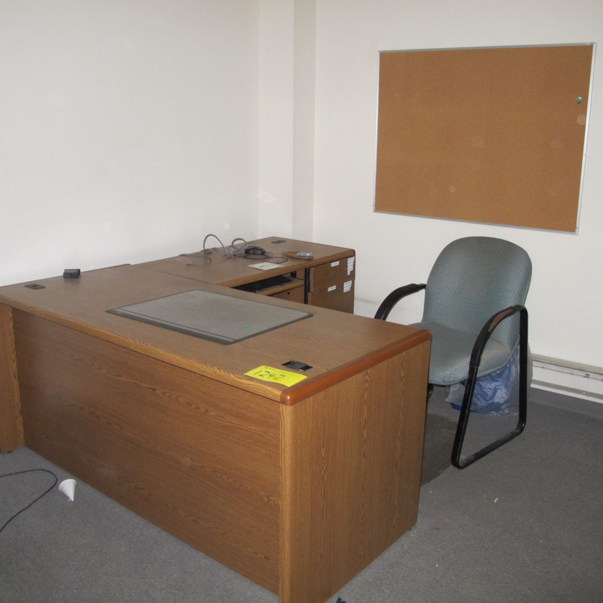 LOT OF FURNITURE IN LAB OFFICE INCLUDING L-SHAPED DESK, CHAIR, (2) FILE CABINETS, BOOKCASE, 2-DOOR