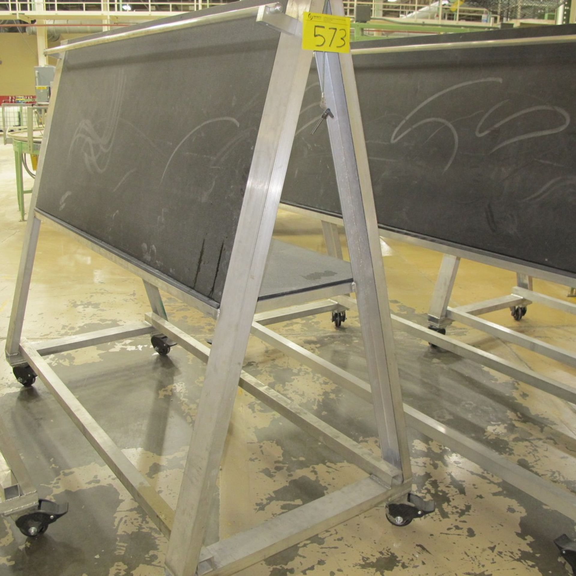 ALUMINUM A-FRAME PORTABLE BLACK BOARD W/ BACK BENCH, APPROX. 8'L X 3'W X 69"H (NORTH CENTER PLANT)