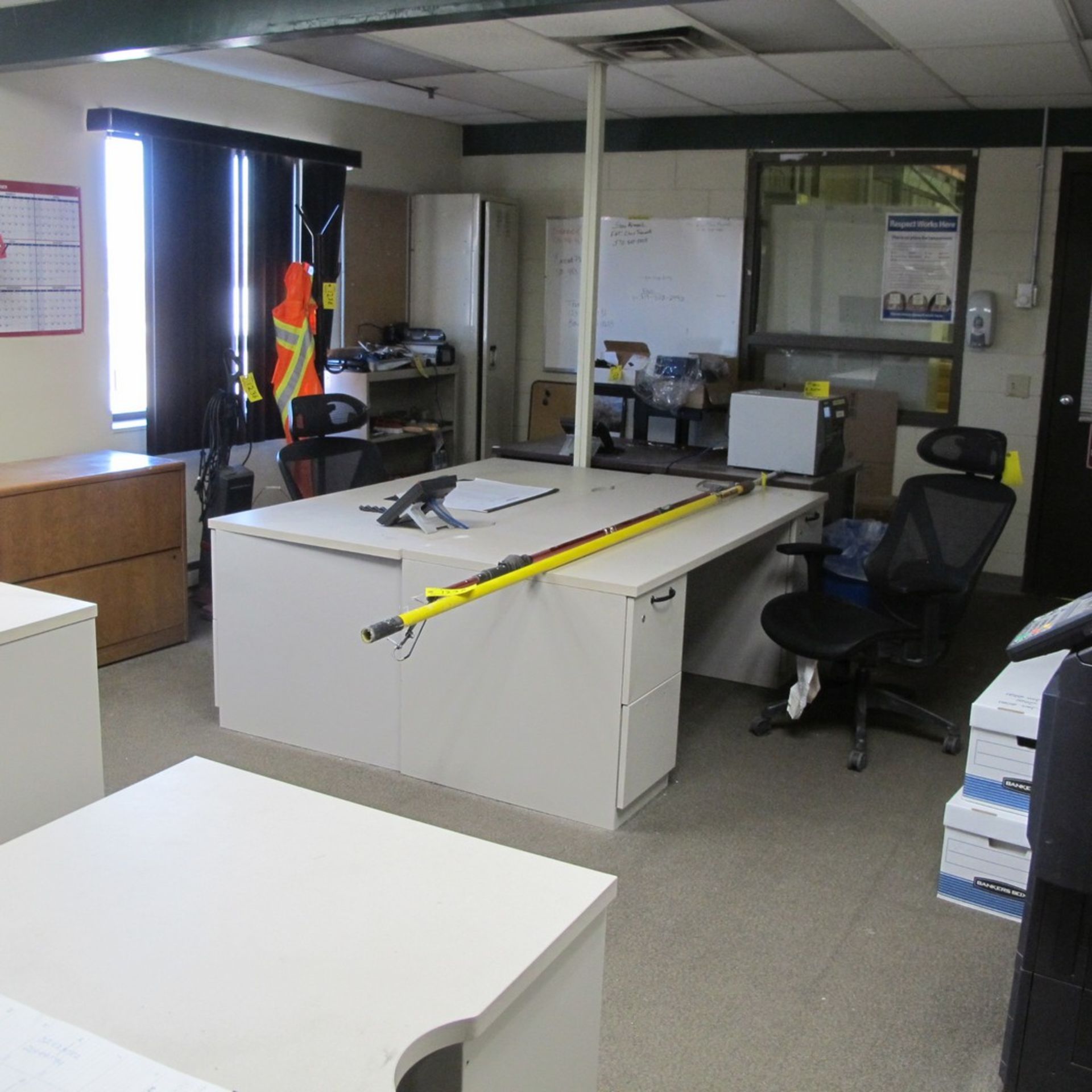 LOT OF FURNITURE IN SHIPPING OFFICE INCLUDING (5) DESKS, (4) CHAIRS, (2) FILE CABINETS (NO PHONES OR