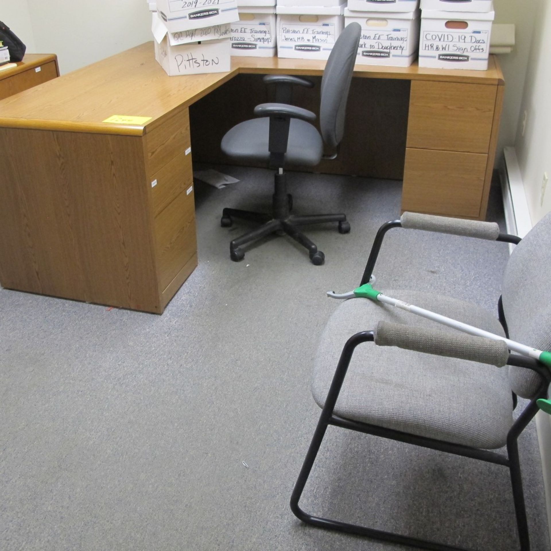 LOT OF FURNITURE IN OFFICE INCLUDING L-SHAPED DESK, (2) CHAIRS, BOOKCASE (2) FILE CABINETS (LOWER