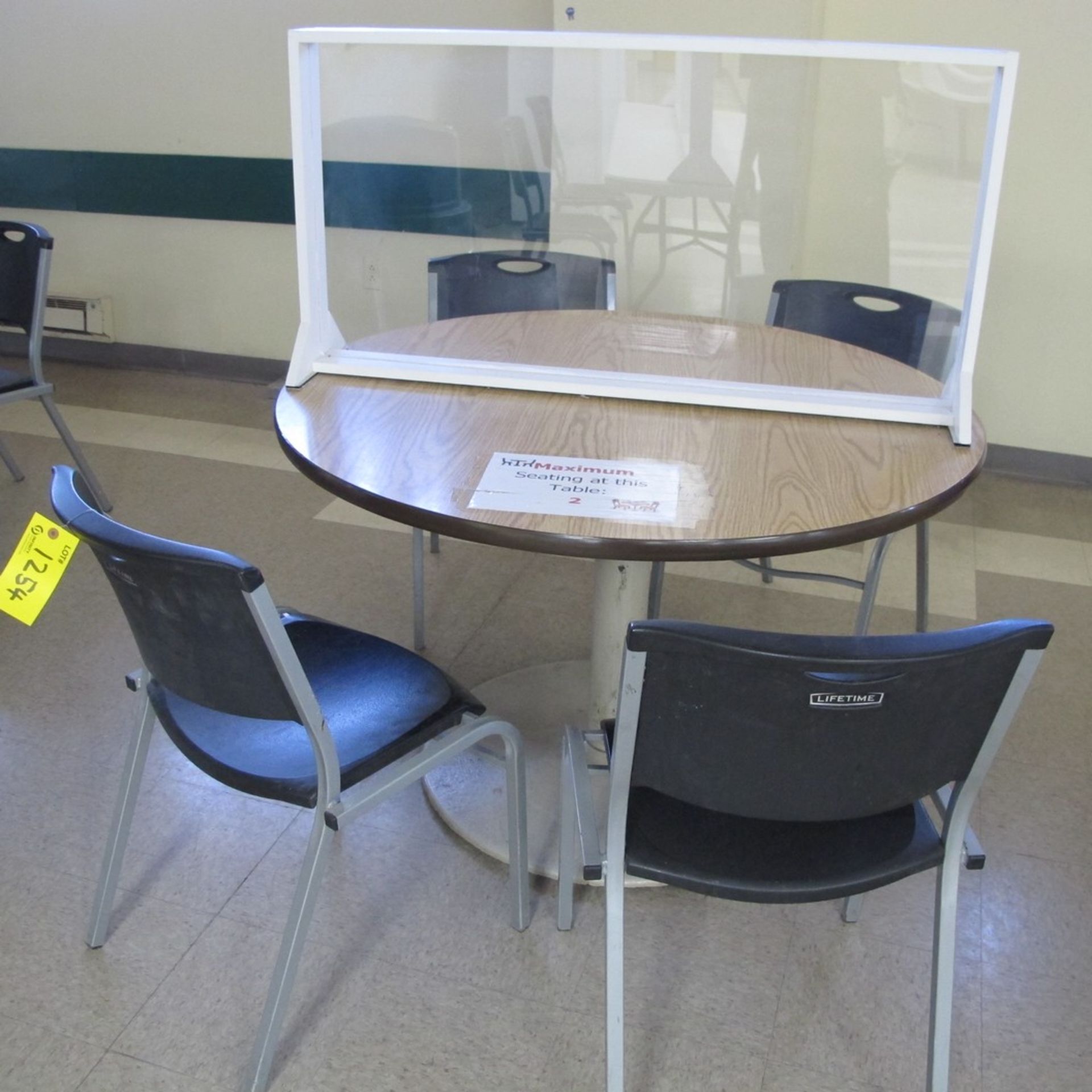 LOT OF (10) CAFETERIA TABLES, (10) PLXIGLASS DIVIDERS AND (30) STACKABLE CHAIRS (MAIN BREAKROOM - Image 6 of 9