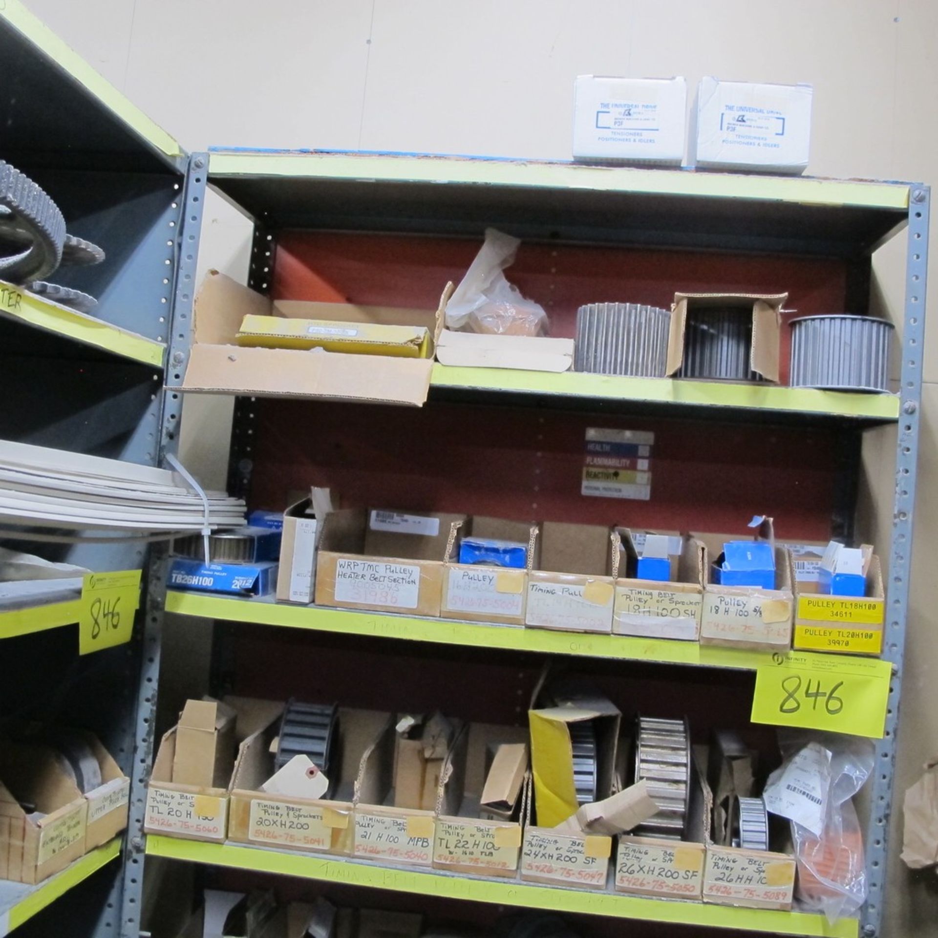 LOT OF ASST. PULLIES, TIMING BELTS, PRINTER PARTS, CLEANER, WRAPPER PARTS W/ (4) SECTIONS OF RACKING - Image 10 of 12