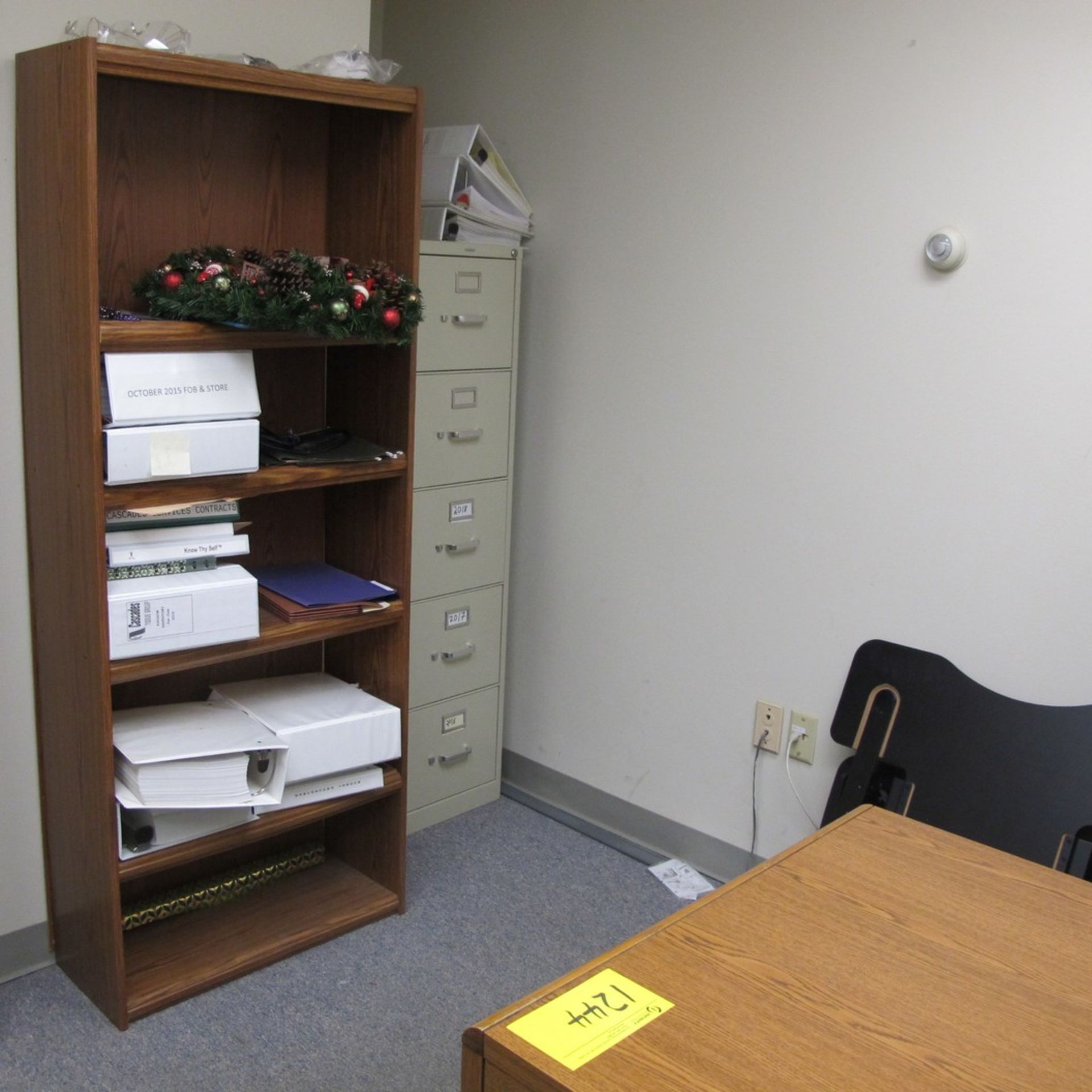 LOT OF FURNITURE IN OFFICE INCLUDING L-SHAPED DESK, (2) CHAIRS, BOOKCASE (2) FILE CABINETS (LOWER - Image 2 of 2