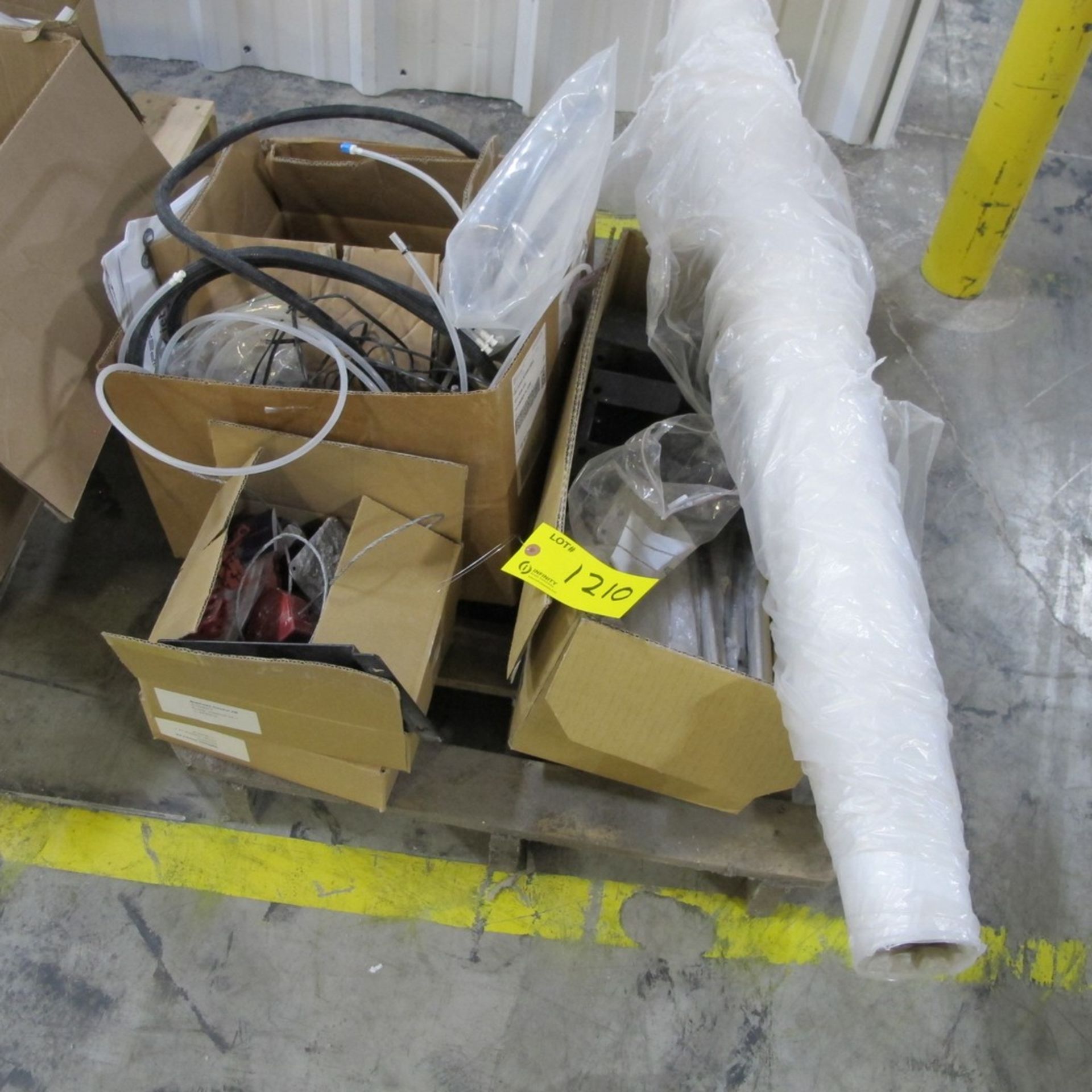 LOT OF (4) PALLETS MIXED CONTENTS, SANDING BELTS, SPOOL OF HOSE, ROLL PLUGS, OFFICE SUPPLIES, WIRE - Image 2 of 4