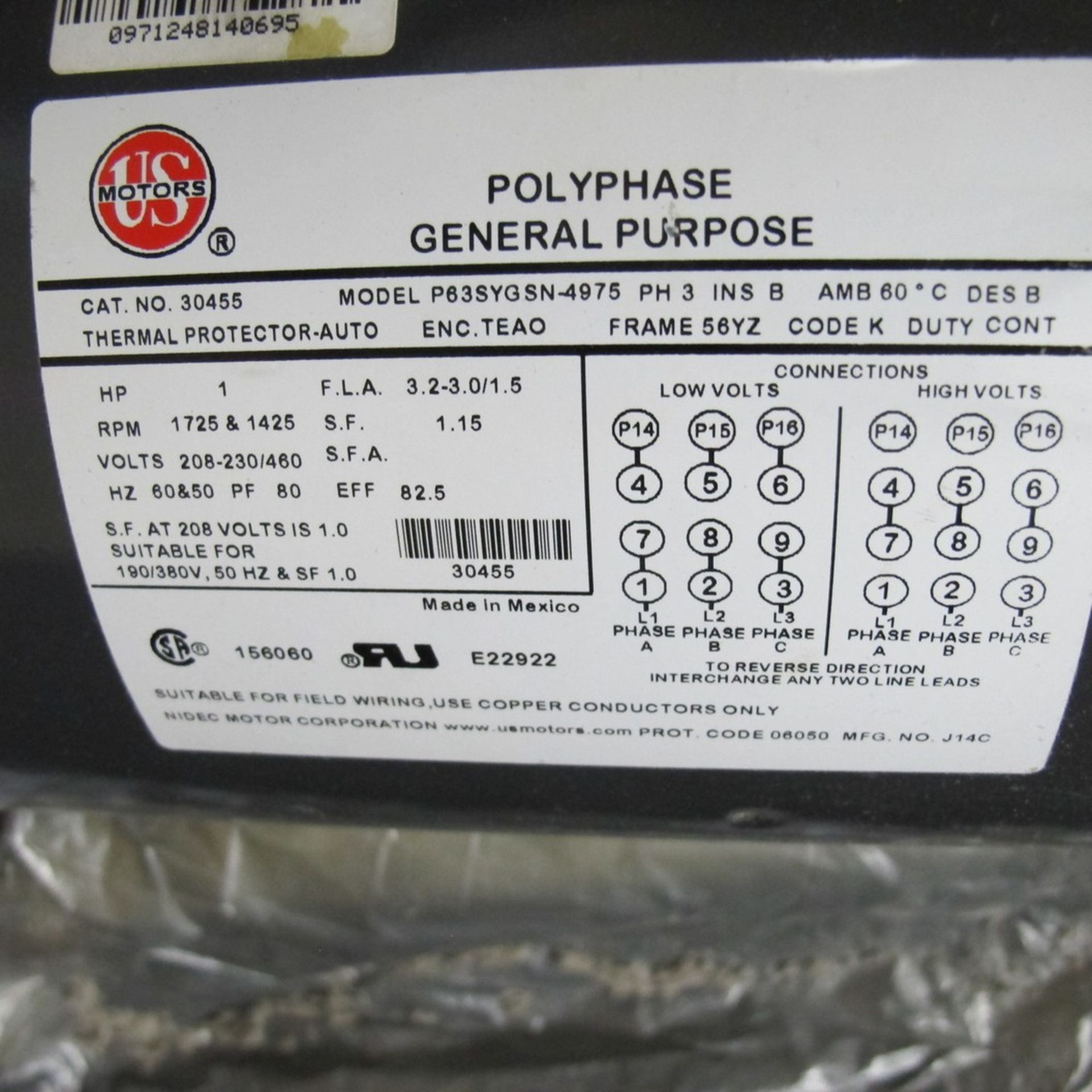 US MOTORS POLYPHASE GENERAL PURPOSE 1HP MOTOR, 1,725/1,425 RPM, 208-230/460V, 56Y2 FRAME (NORTH - Image 2 of 2