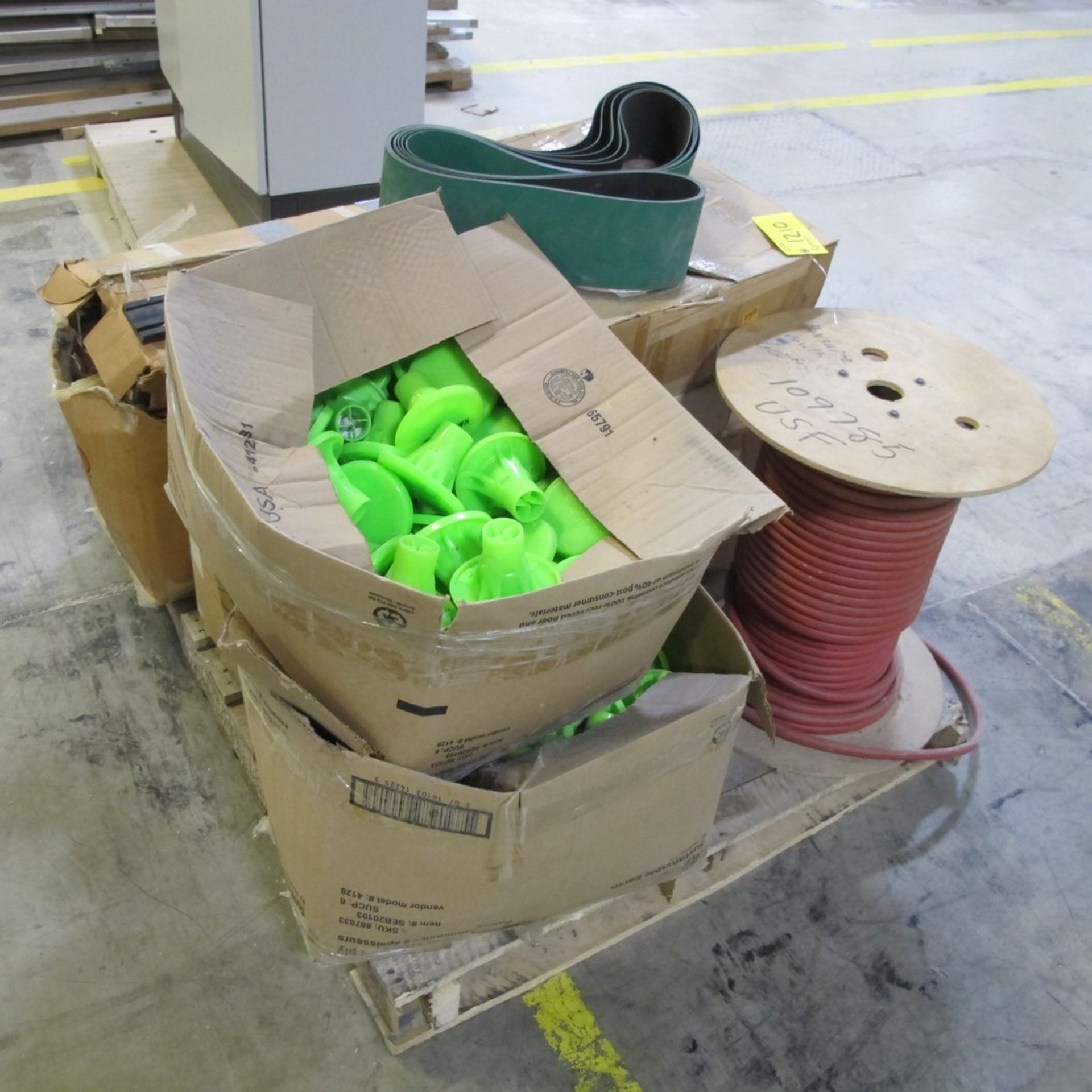 LOT OF (4) PALLETS MIXED CONTENTS, SANDING BELTS, SPOOL OF HOSE, ROLL PLUGS, OFFICE SUPPLIES, WIRE