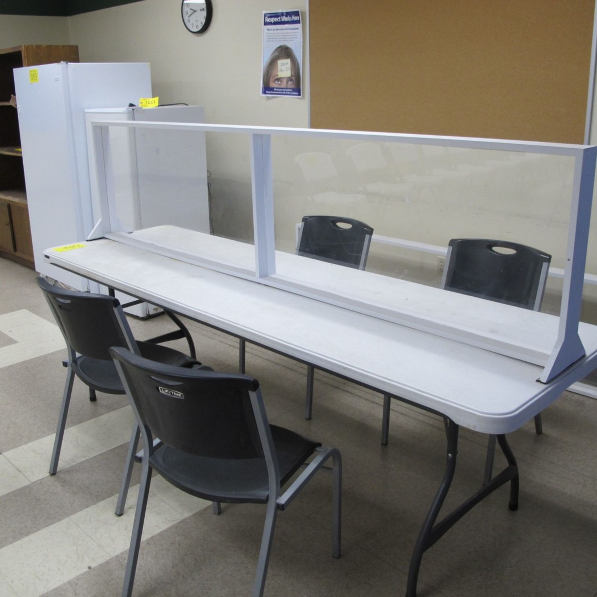 LOT OF (10) CAFETERIA TABLES, (10) PLXIGLASS DIVIDERS AND (30) STACKABLE CHAIRS (MAIN BREAKROOM - Image 5 of 9