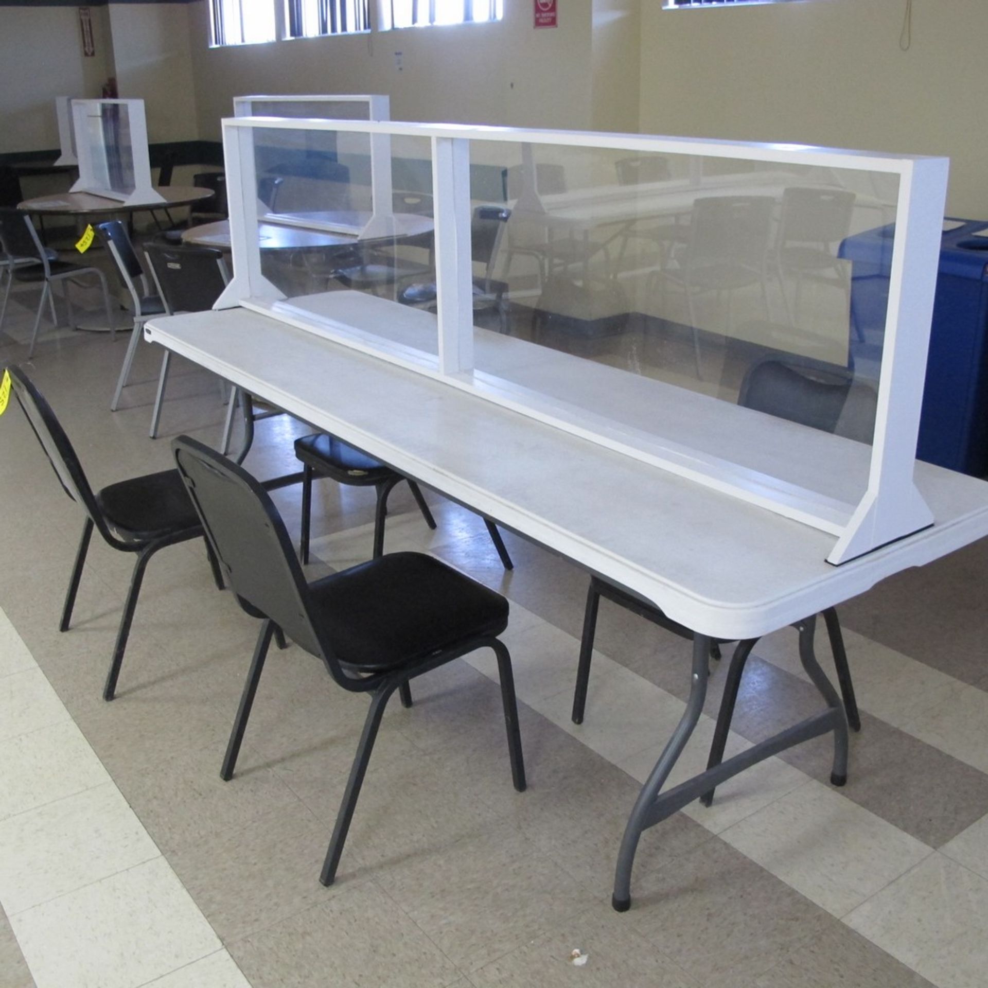 LOT OF (10) CAFETERIA TABLES, (10) PLXIGLASS DIVIDERS AND (30) STACKABLE CHAIRS (MAIN BREAKROOM - Image 4 of 9