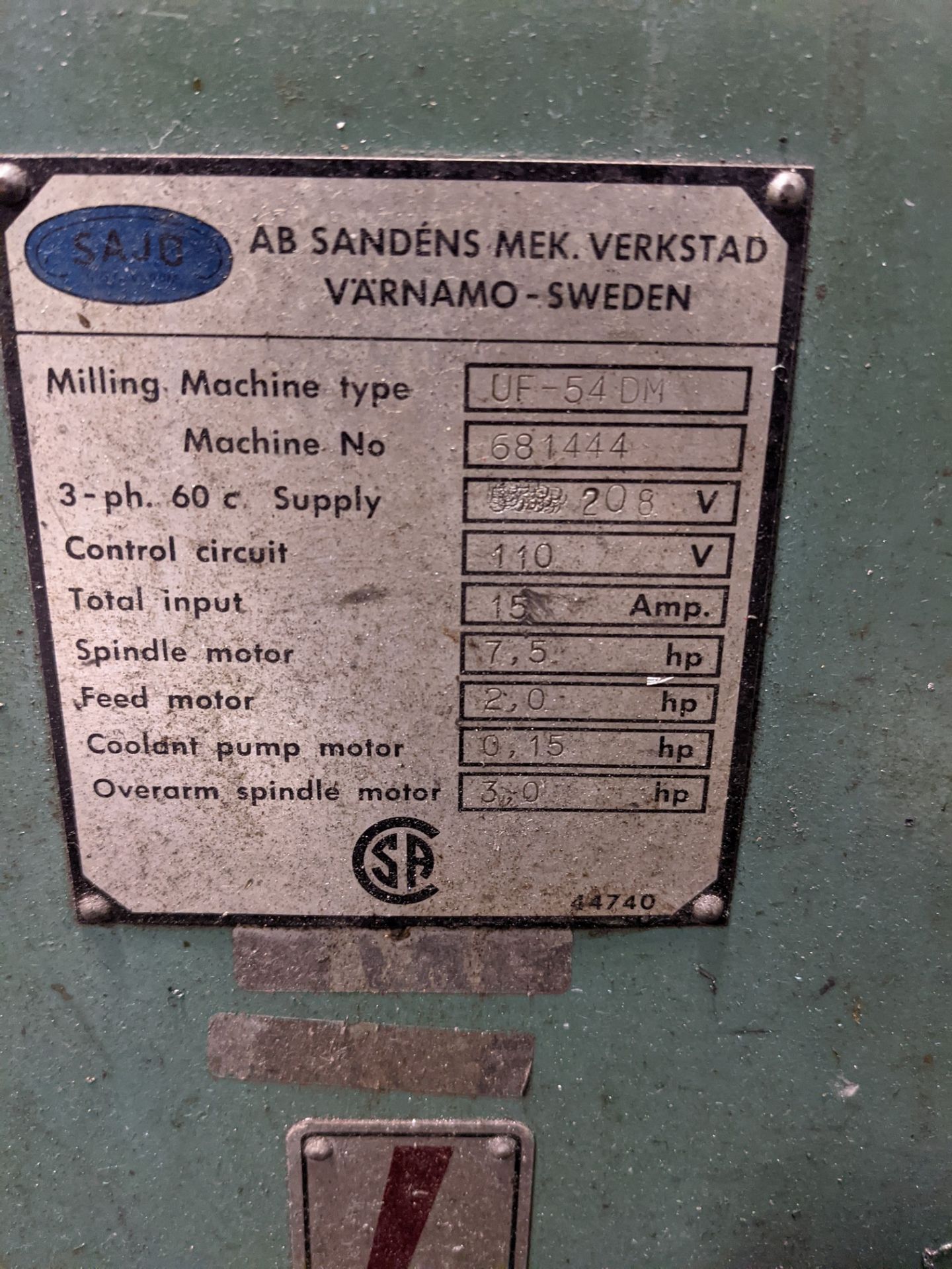 SAJO UF-54DM UNIVERSAL MILLING MACHINE, 11” X 52” TABLE, 50 TAPER, S/N 681444 W/ ARBOR SUPPORTS - Image 6 of 6