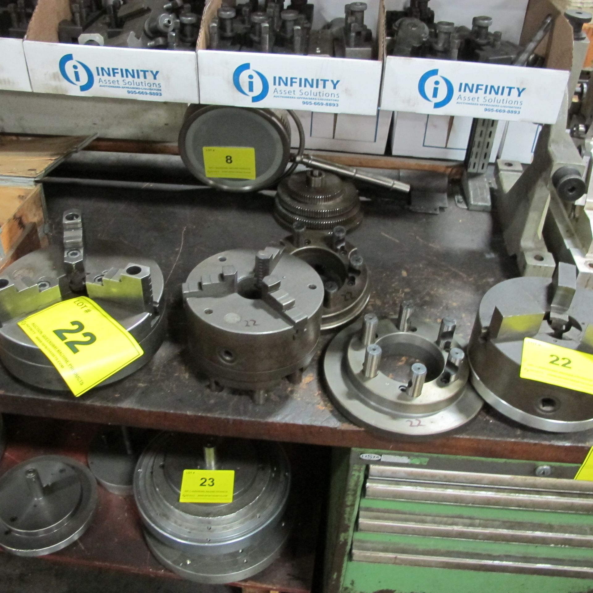 LOT OF (3) 3-JAW CHUCKS, (10", 9" & 7-1/2" DIA) W/ (2) EXTRA BACKING PLATES (9-1/2" & 7-1/2" DIA)