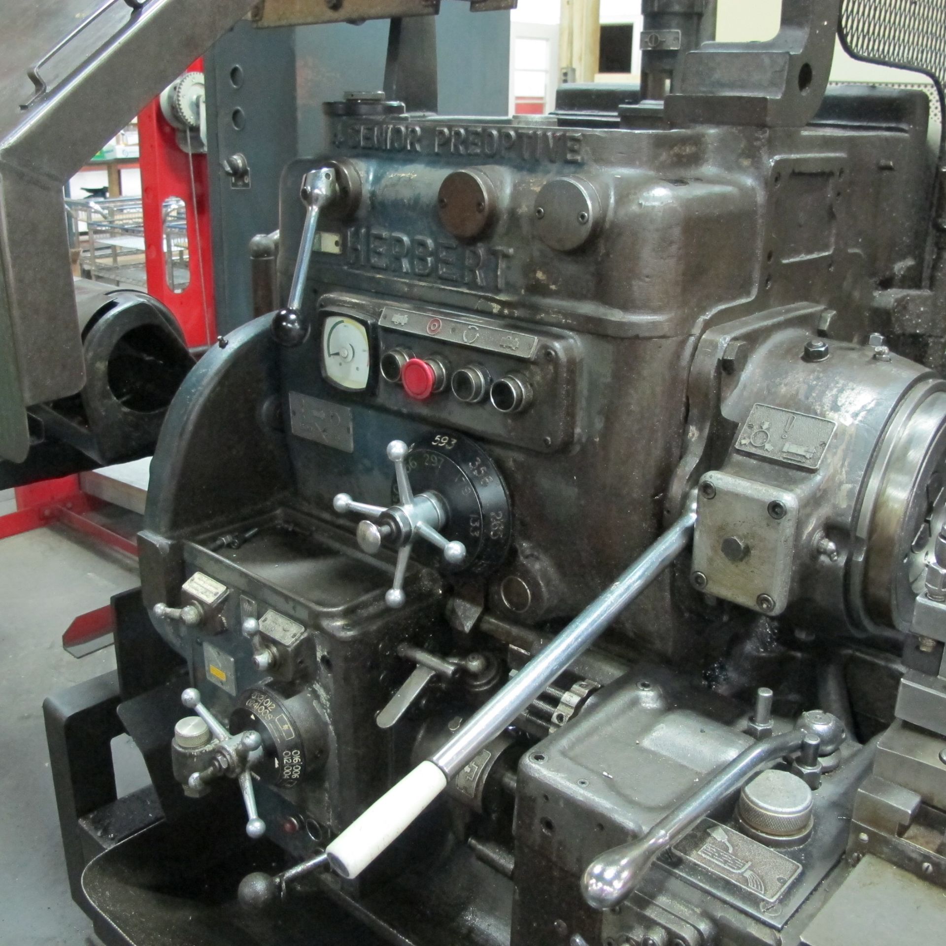 ALBERT HERBERT LATHE, 17" BETWEEN CENTERS, 6 SIDED TURRET W/TOOLING, 7-1/2" l BAR FEEDER, 3" BORE, - Image 5 of 12