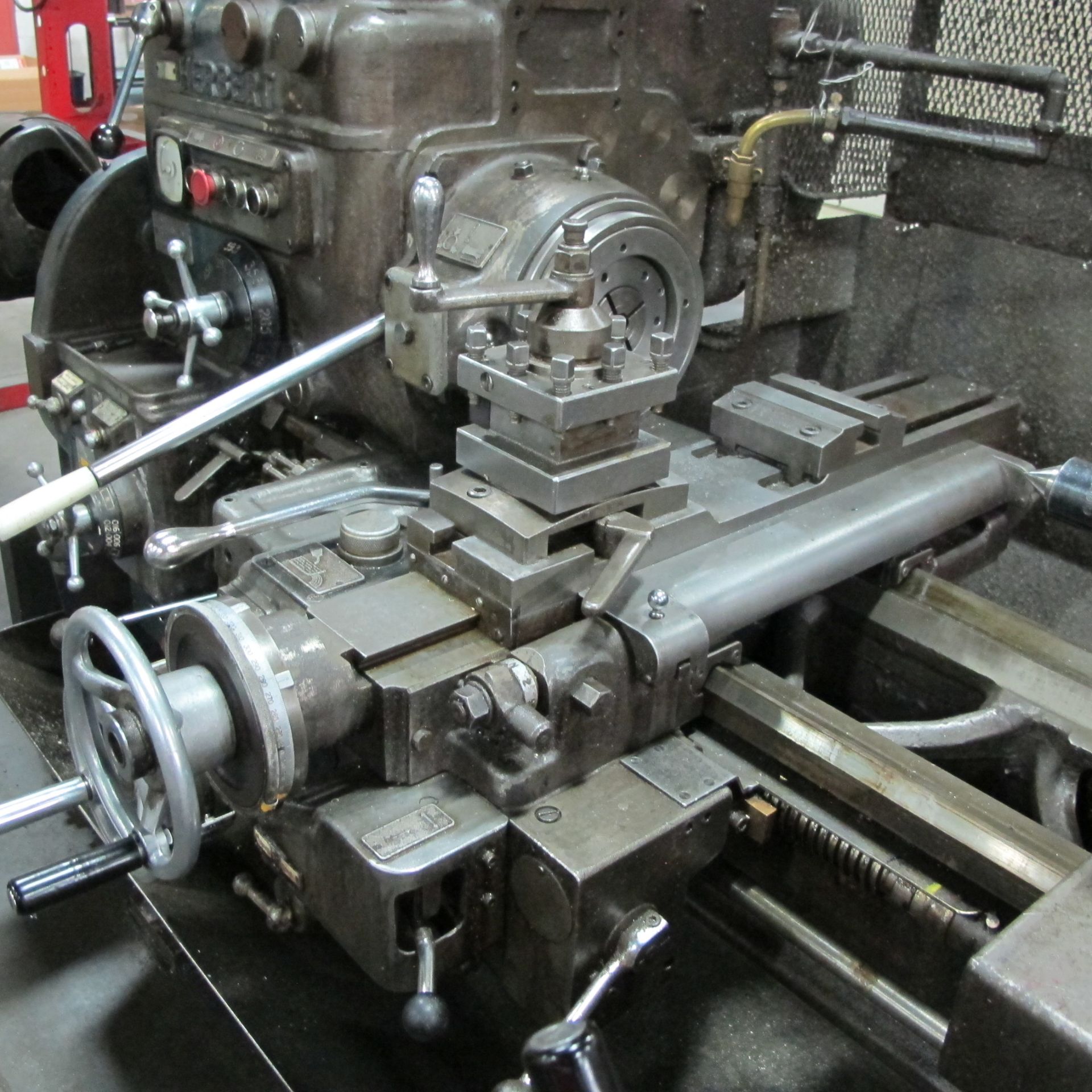 ALBERT HERBERT LATHE, 17" BETWEEN CENTERS, 6 SIDED TURRET W/TOOLING, 7-1/2" l BAR FEEDER, 3" BORE, - Image 6 of 12