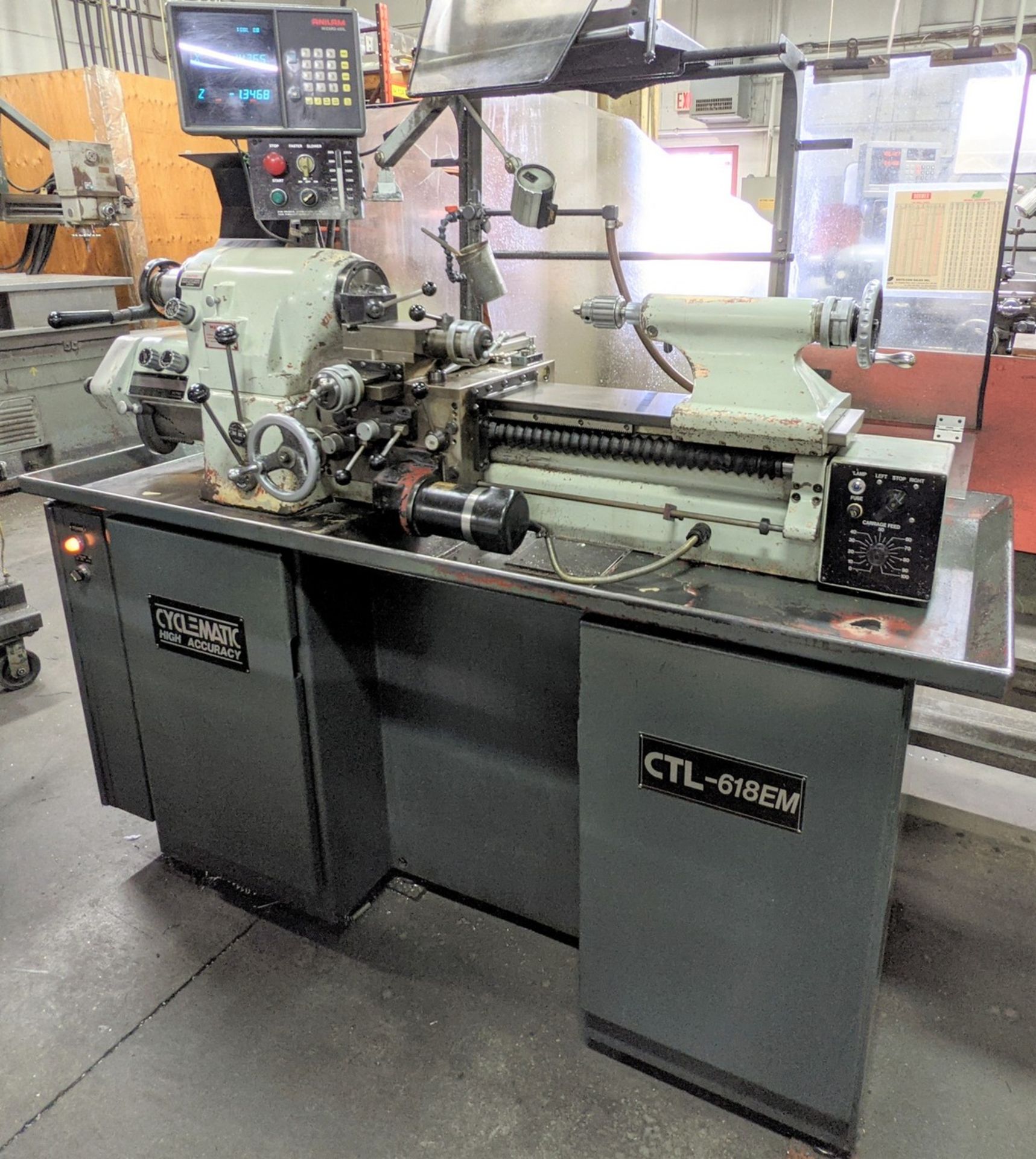 CYCLEMATIC MODEL CLT-618EM TOOL ROOM LATHE, ANILAM WIZARD 450L DRO, 11” SWING, 9" MAX CUT DIA., 18" - Image 3 of 16