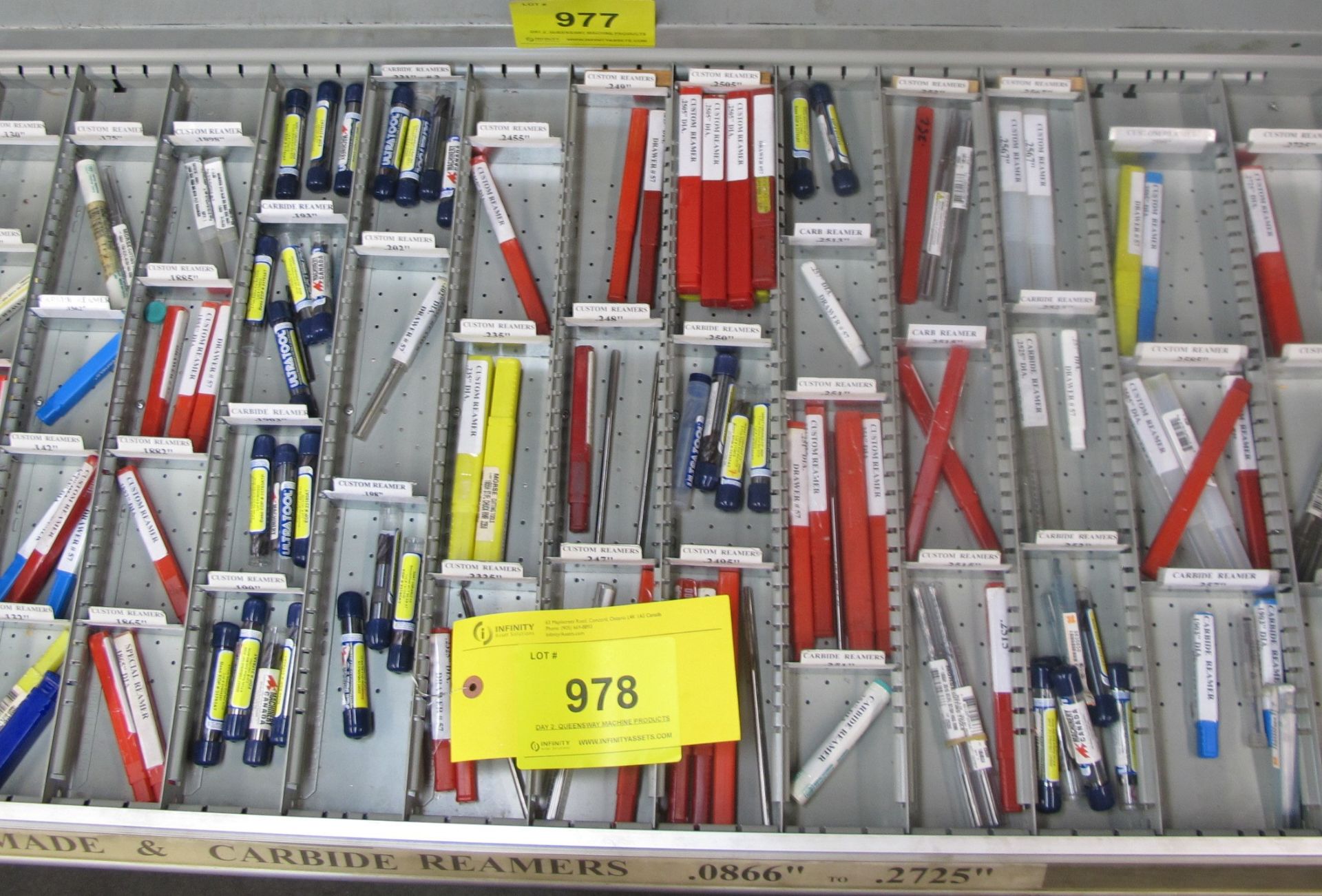 CONTENTS OF 1-DRAWER OF ROUSSEAU TOOL CABINET INCLUDING REAMERS CARBIDE/CUSTOM (SUBJECT TO BULK