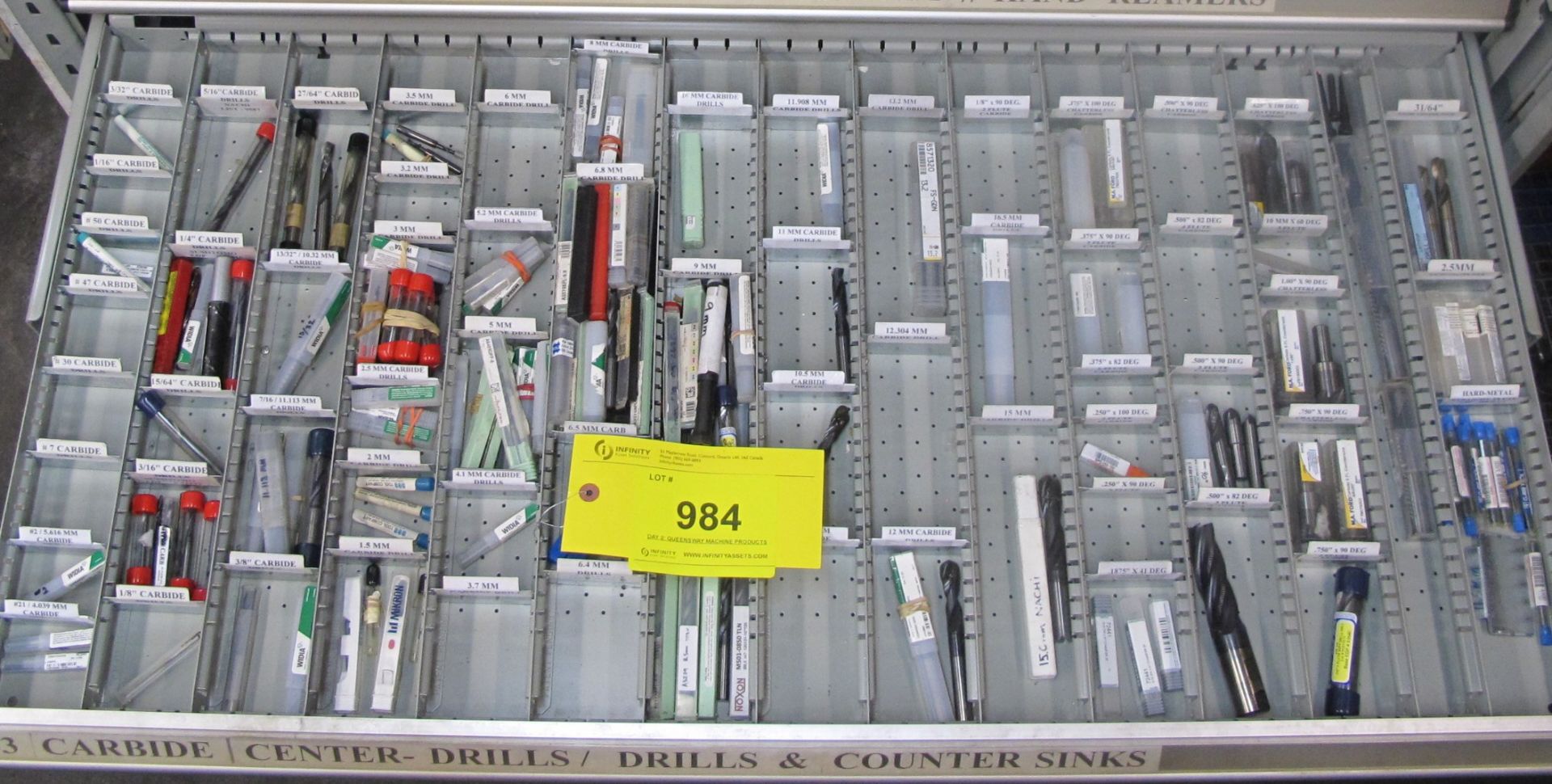 CONTENTS OF 1-DRAWER OF ROUSSEAU TOOL CABINET INCLUDING END MILLS / REAMERS CARBIDE/CUSTOM (