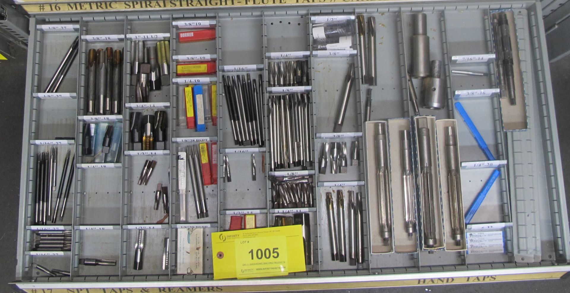 CONTENTS OF 1-DRAWER OF ROUSSEAU TOOL CABINET INCLUDING TAPS, REAMERS, END MILLS (SUBJECT TO BULK