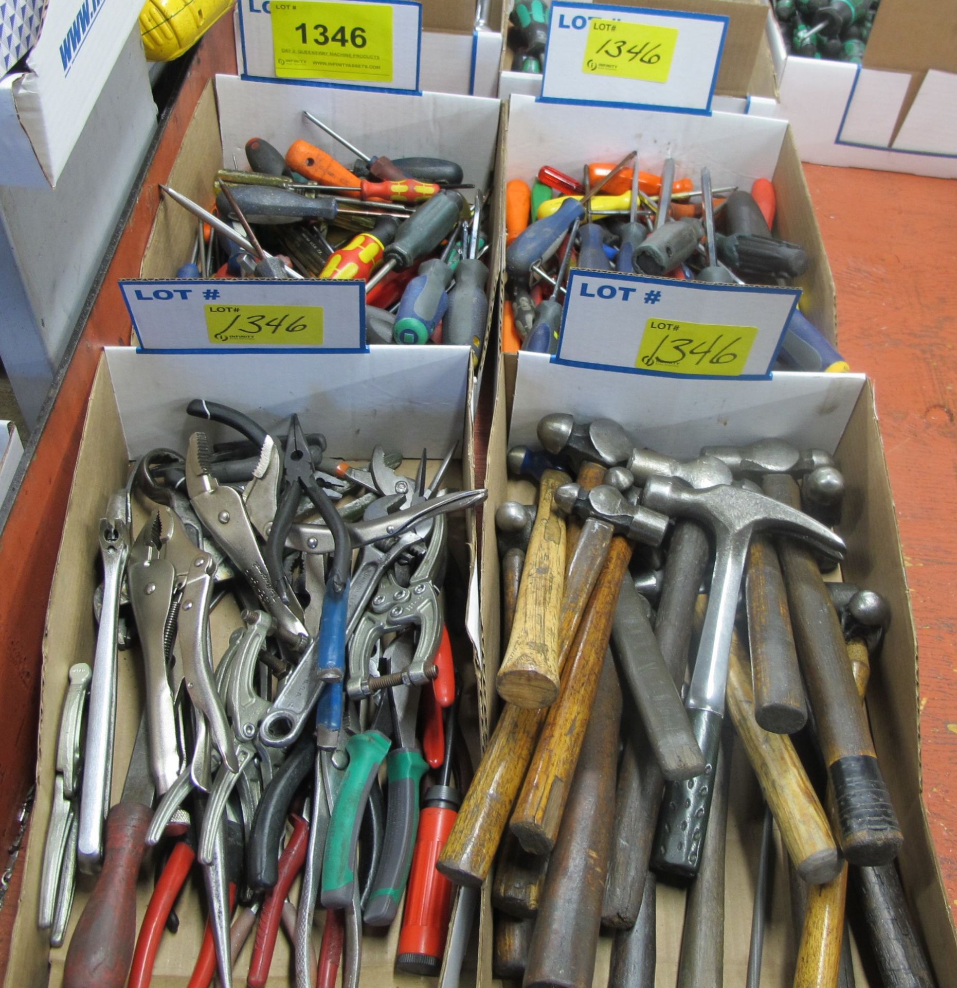 LOT OF (4) BOXES OF SCREWDRIVERS, HAMMERS, PLIERS, ETC.