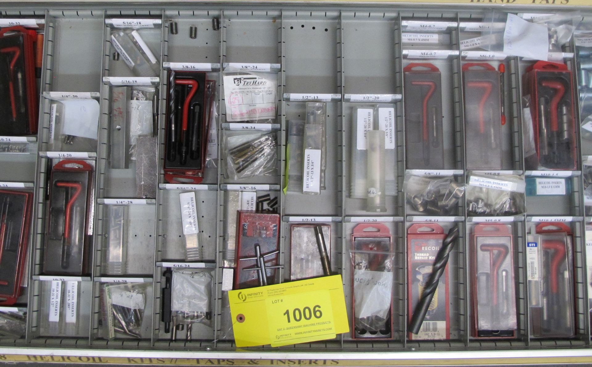 CONTENTS OF 1-DRAWER OF ROUSSEAU TOOL CABINET INCLUDING HELICOIL KITS, TAPS (SUBJECT TO BULK BID LOT