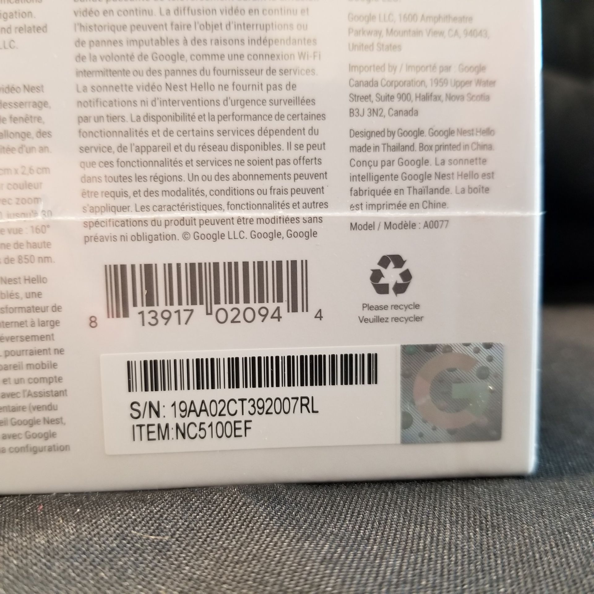 NEST HELLO A0077, VIDEO DOORBELL - (BNIB) MSRP $225 - Image 2 of 2