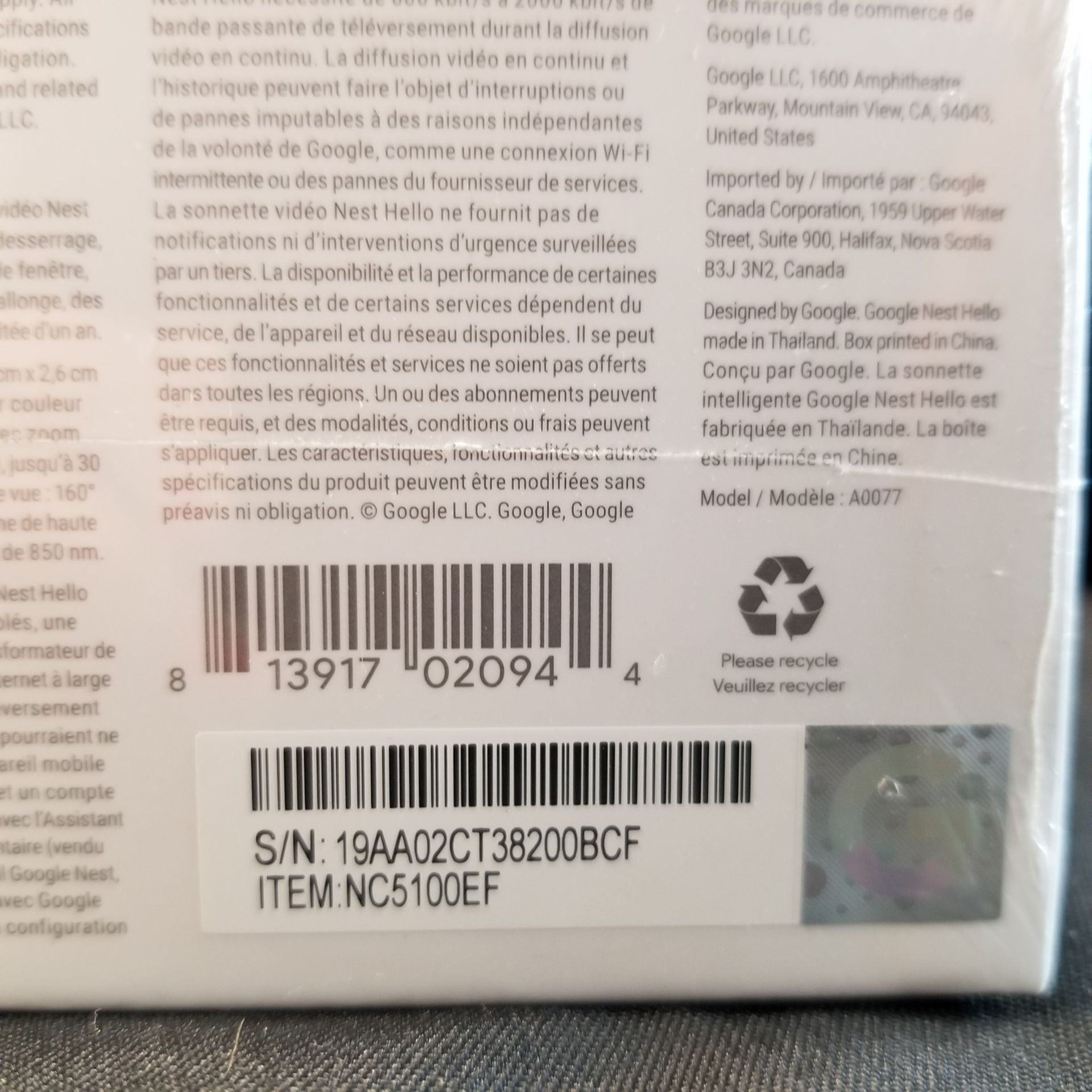 NEST HELLO A0077, VIDEO DOORBELL - (BNIB) MSRP $225 - Image 2 of 2