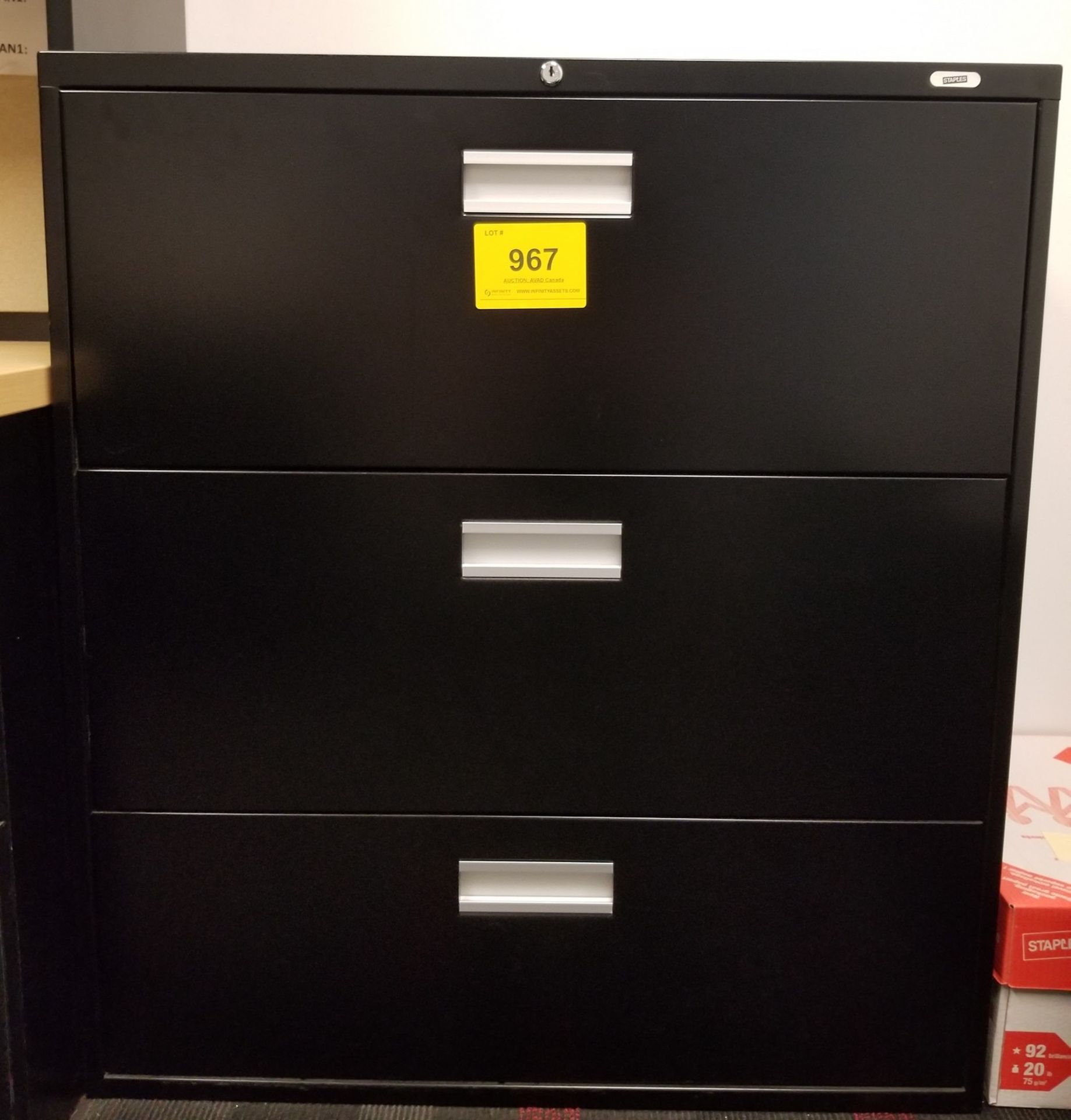 STAPLES, 3 DOOR LATHERAL FILE CABINET