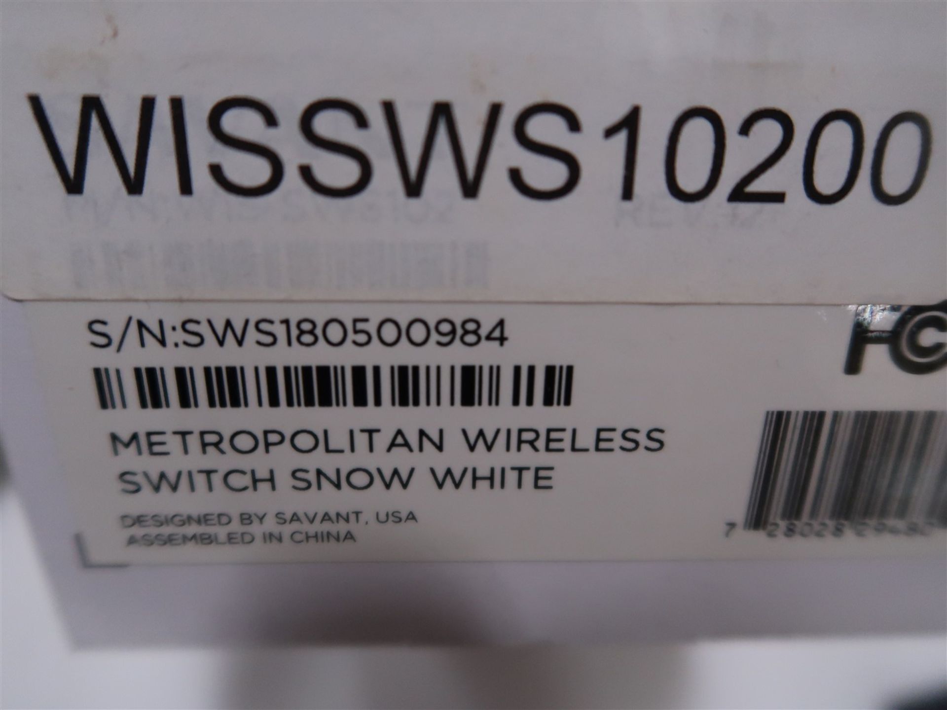 SAVANT METROPOLITAN WIRELESS SWITCH SNOW WHITE MOD. WISSWS10200 - Image 2 of 2