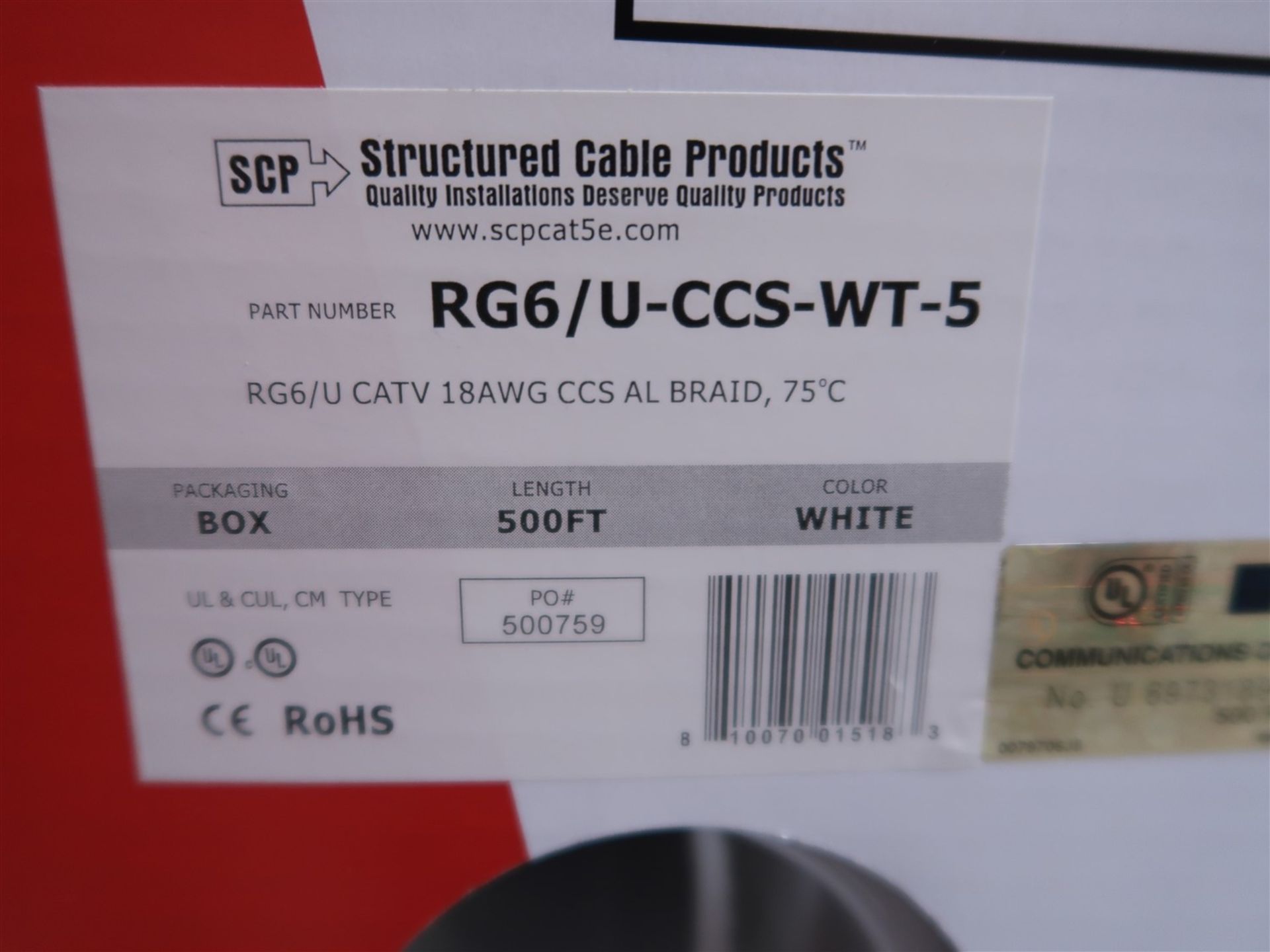 BOX OF SCP RG6/U-CCS-WT-5 18 AWG CCS, AL BRAID 75 DEGREES CELSIUS, 500 FT. WHITE - Image 2 of 2