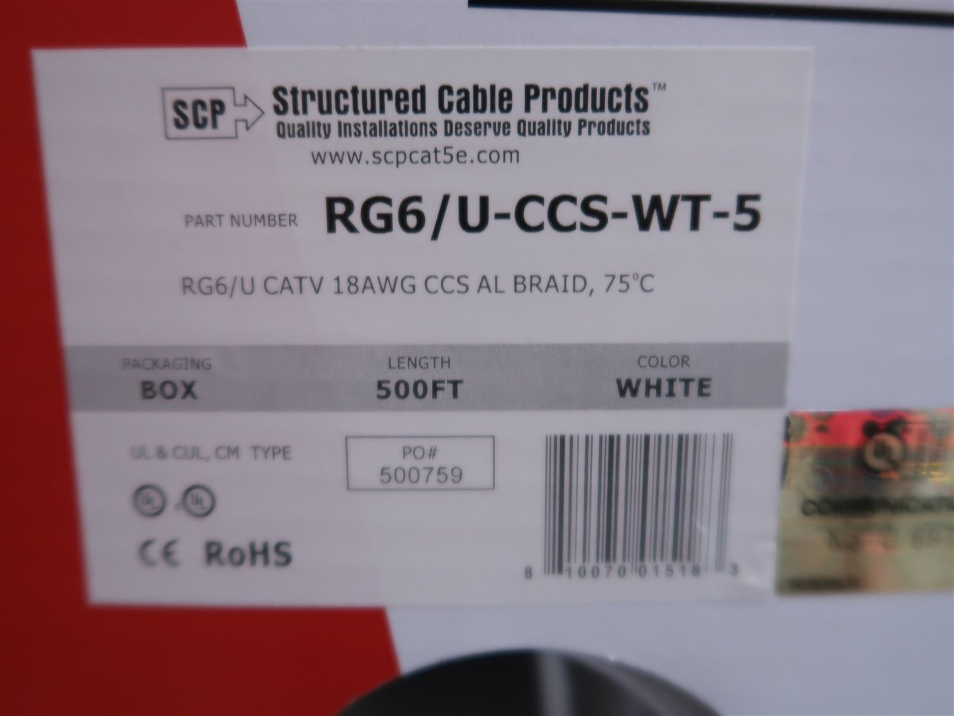 BOX OF SCP RG6/U-CCS-WT-5 18 AWG CCS, AL BRAID 75 DEGREES CELSIUS, 500 FT. WHITE - Image 2 of 2
