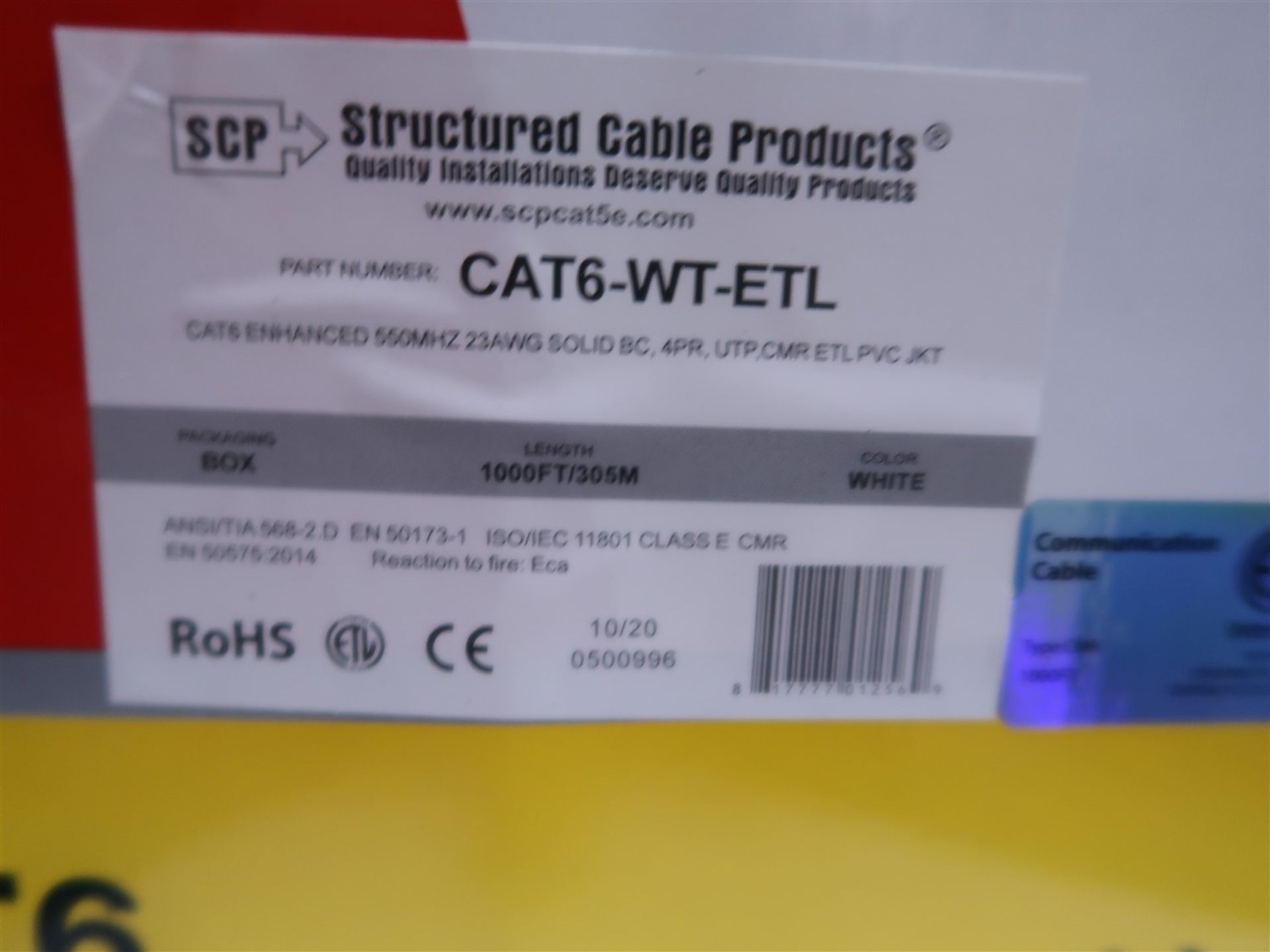 BOX OF SCP CAT 6-WT-ETL ENHANCED 550 MHZ 23 AWG SOLID BC, 4PR, UTP, CMR ETL PVC JKT 1000 FT. WHITE - Image 2 of 2