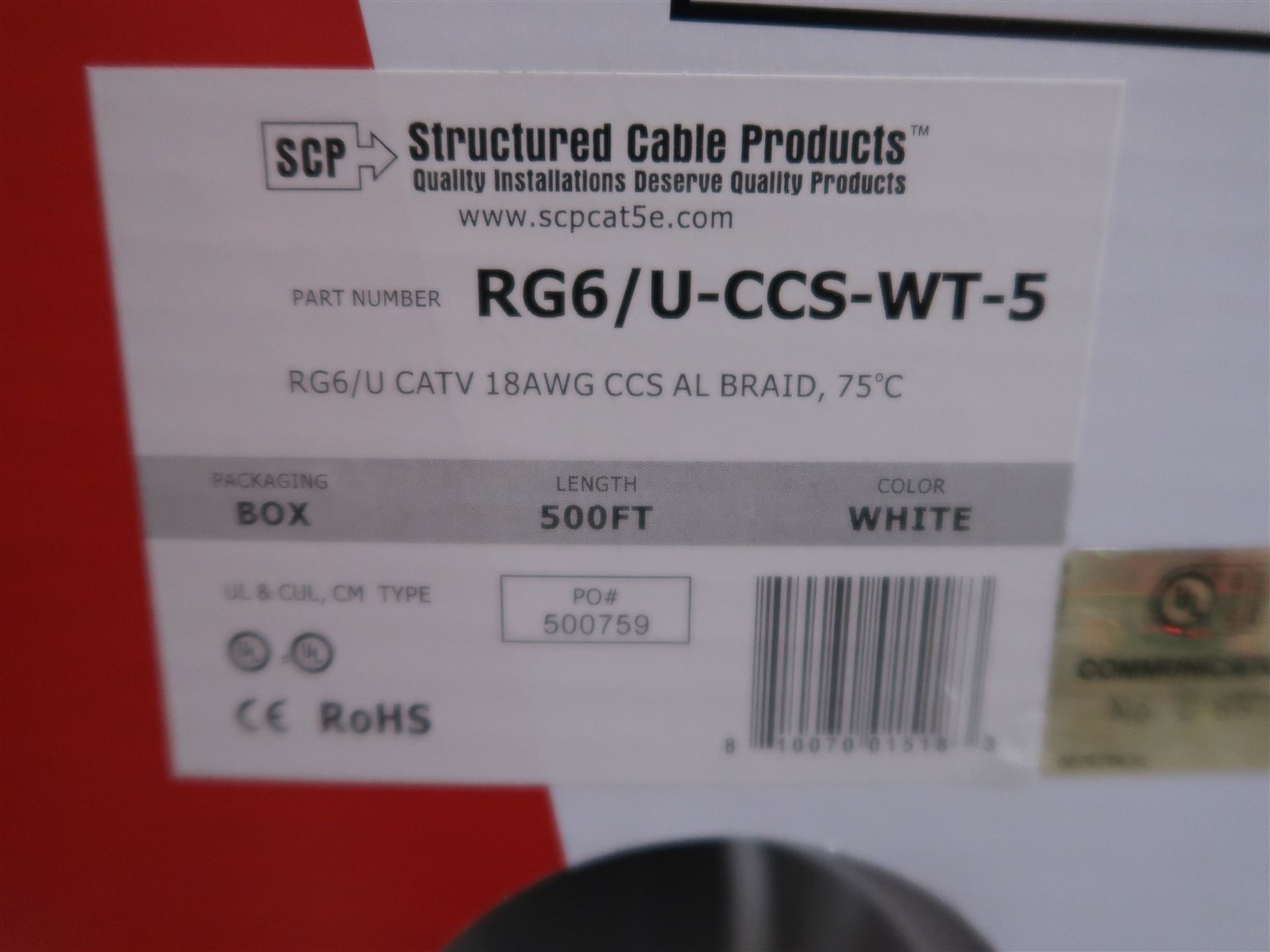 BOX OF SCP RG6/U-CCS-WT-5 18 AWG CCS, AL BRAID 75 DEGREES CELSIUS, 500 FT. WHITE - Image 2 of 2