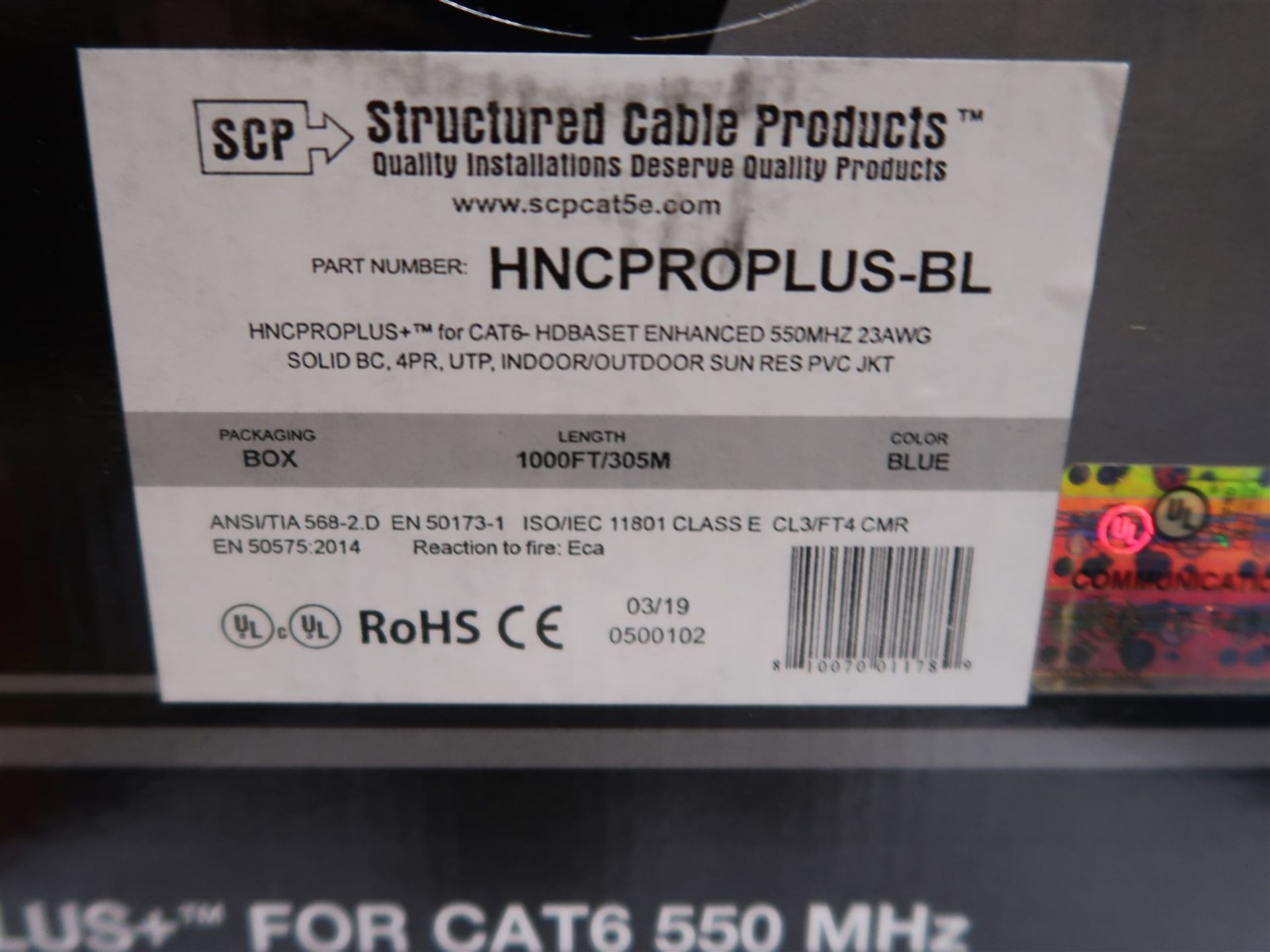 BOX OF SCP HNC PROPLUS-BL FOR CAT 6 HOBASET ENHANCED 550 MHZ 23 AWG SOLID BC, 4PR UTP INDOOR/OUTDOOR - Image 2 of 2