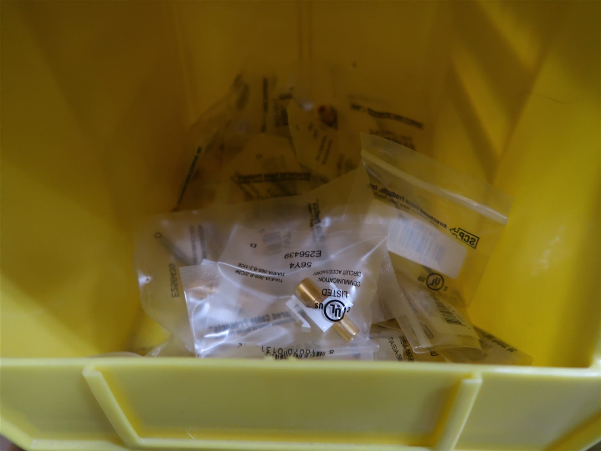 YELLOW BINS W/ASSORTED COAX INSERTS, CAT5 AND CAT6 JACKS - Image 4 of 5